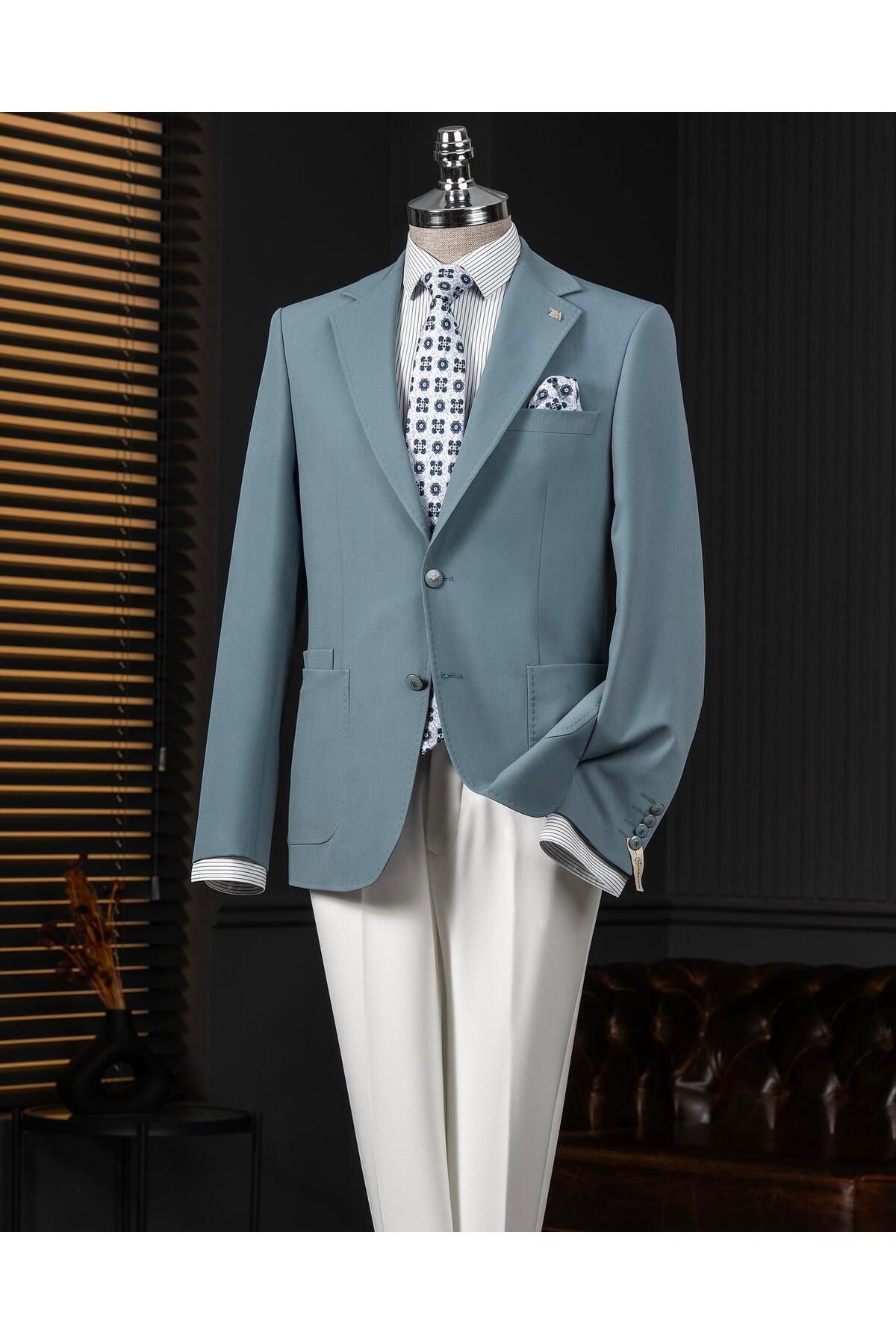 TerziAdemAltun İtalyan stil slim fit mono yaka erkek tek ceket mavi T14370