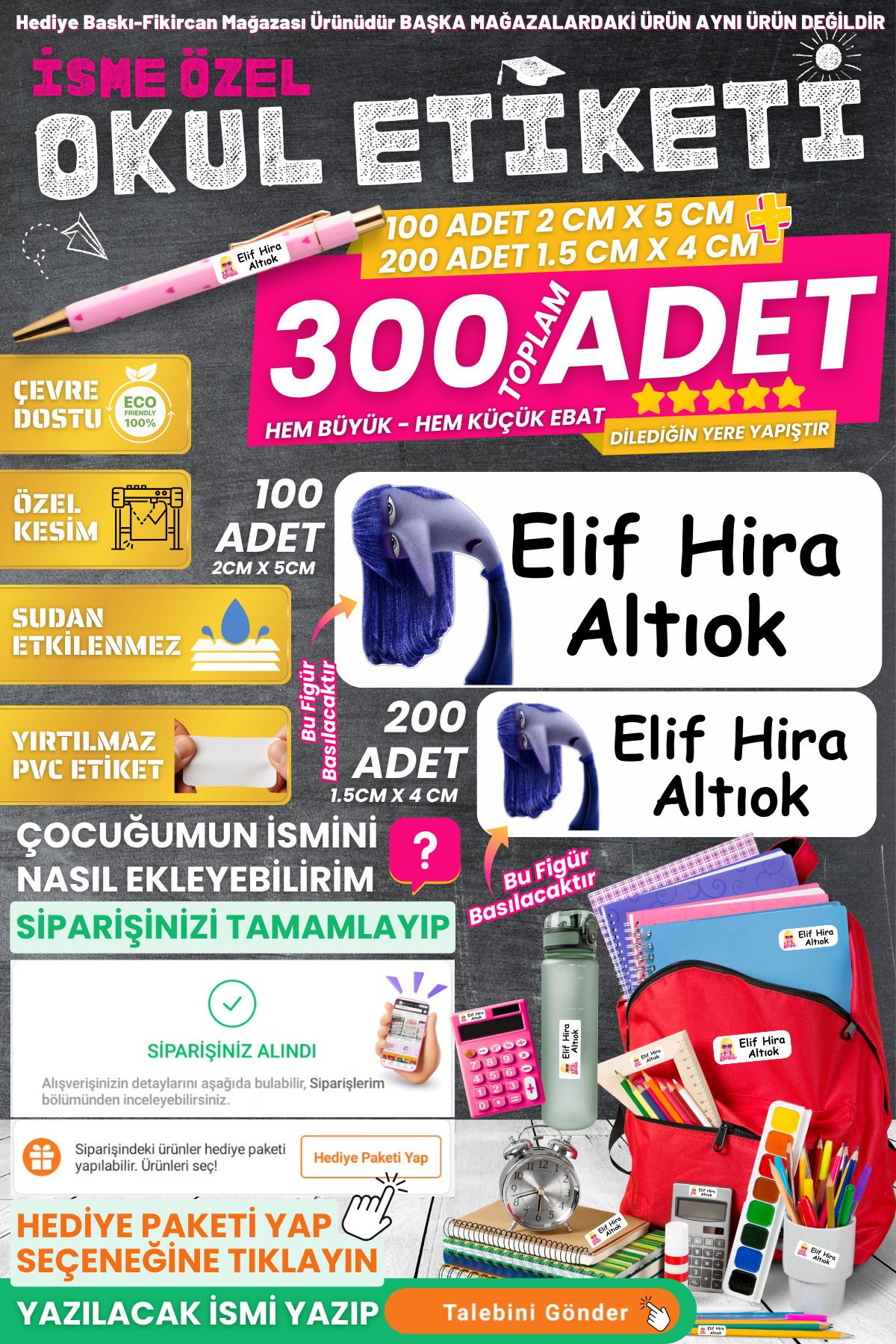FİKİRCAN Fikircan-İsme Özel Okul Etiket Seti - BIKKIN 300 Adet - Kokusuz Ekolojik Mürekkep PVC ETİKET