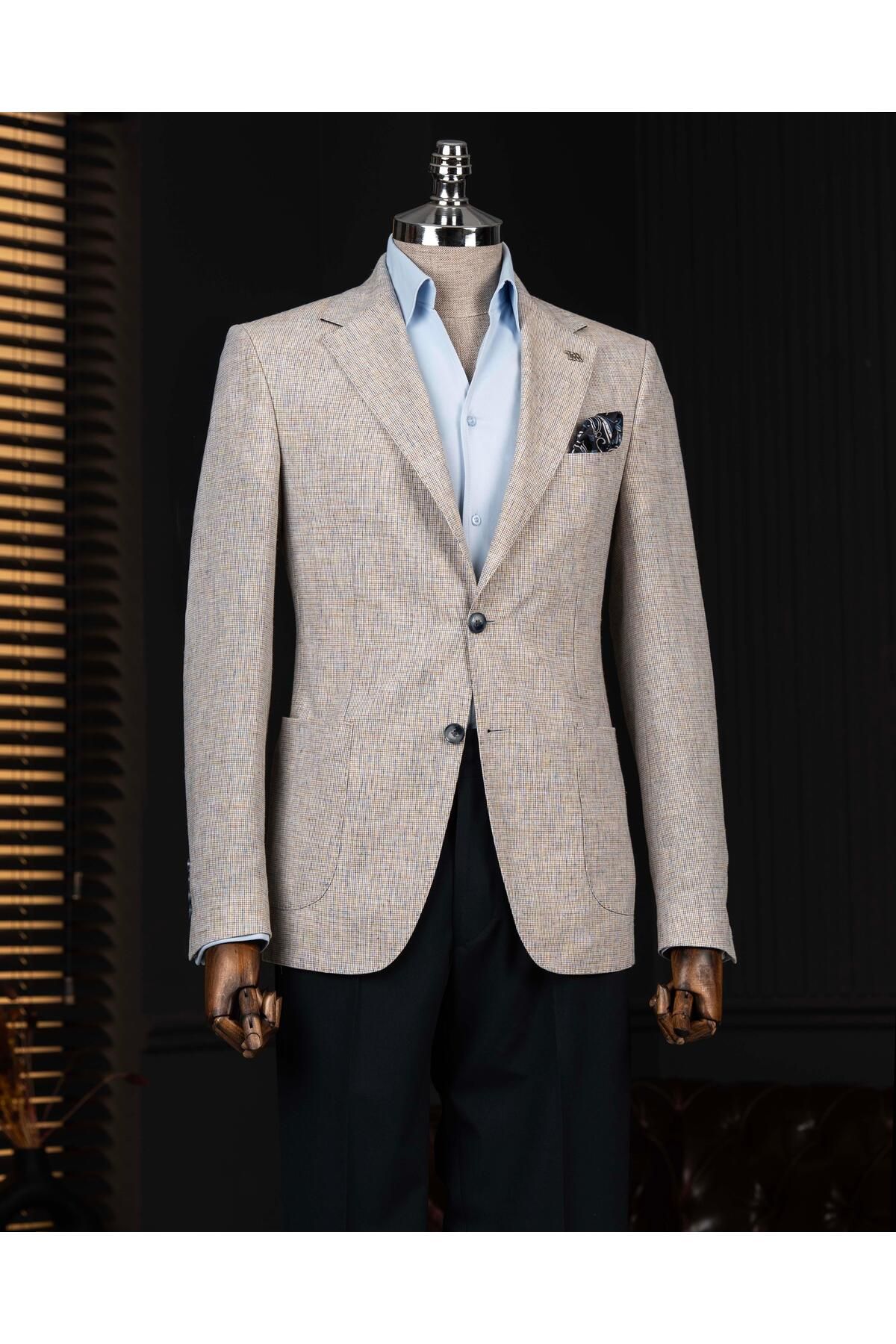 TerziAdemAltun İtalyan stil slim fit mono yaka erkek tek ceket mavi T14359
