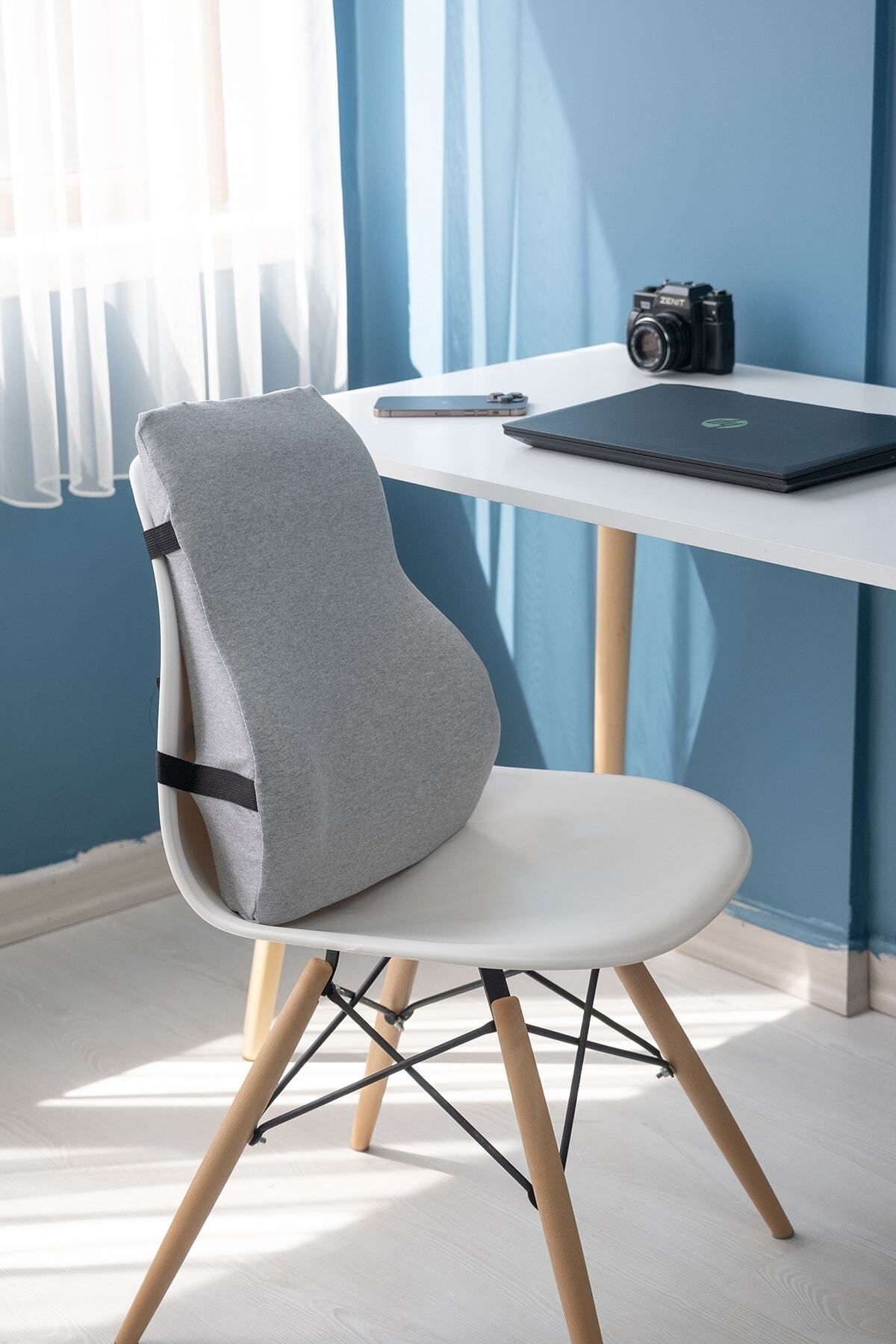 teknotrust Visco bel ve sırt yastığı, konfor ve destek sağlar, gri renkli ergonomik tasarım.