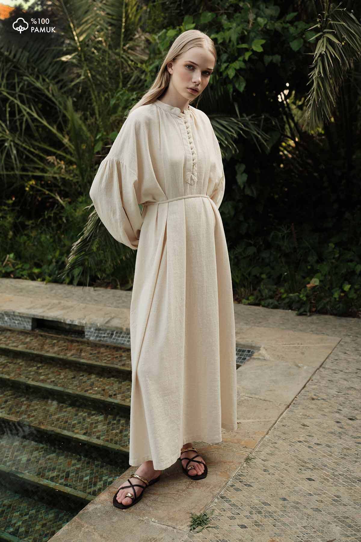 Hooopstore Oversize Keten Dokulu Naturel Elbise