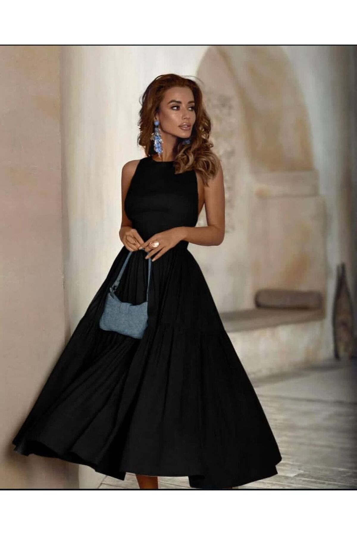 My Jest Fashion Çapraz Sırt Dekolteli Kloş Elbise-S - SİYAH