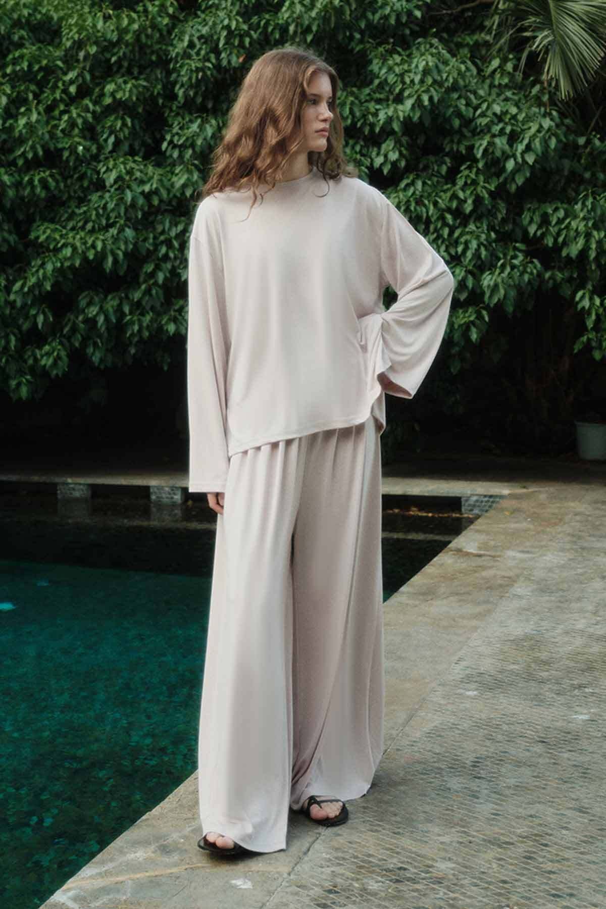 Hooopstore Modal İçeren Rahat Kesim Bej Pantolon Takım