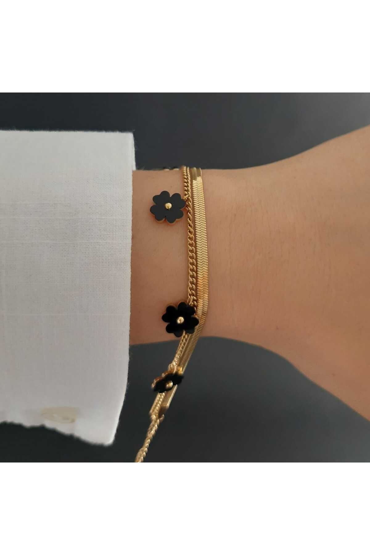 Betül Çekiç Çelik Gold Renk 2 Sıra Papatya Detay Kadın Bileklik