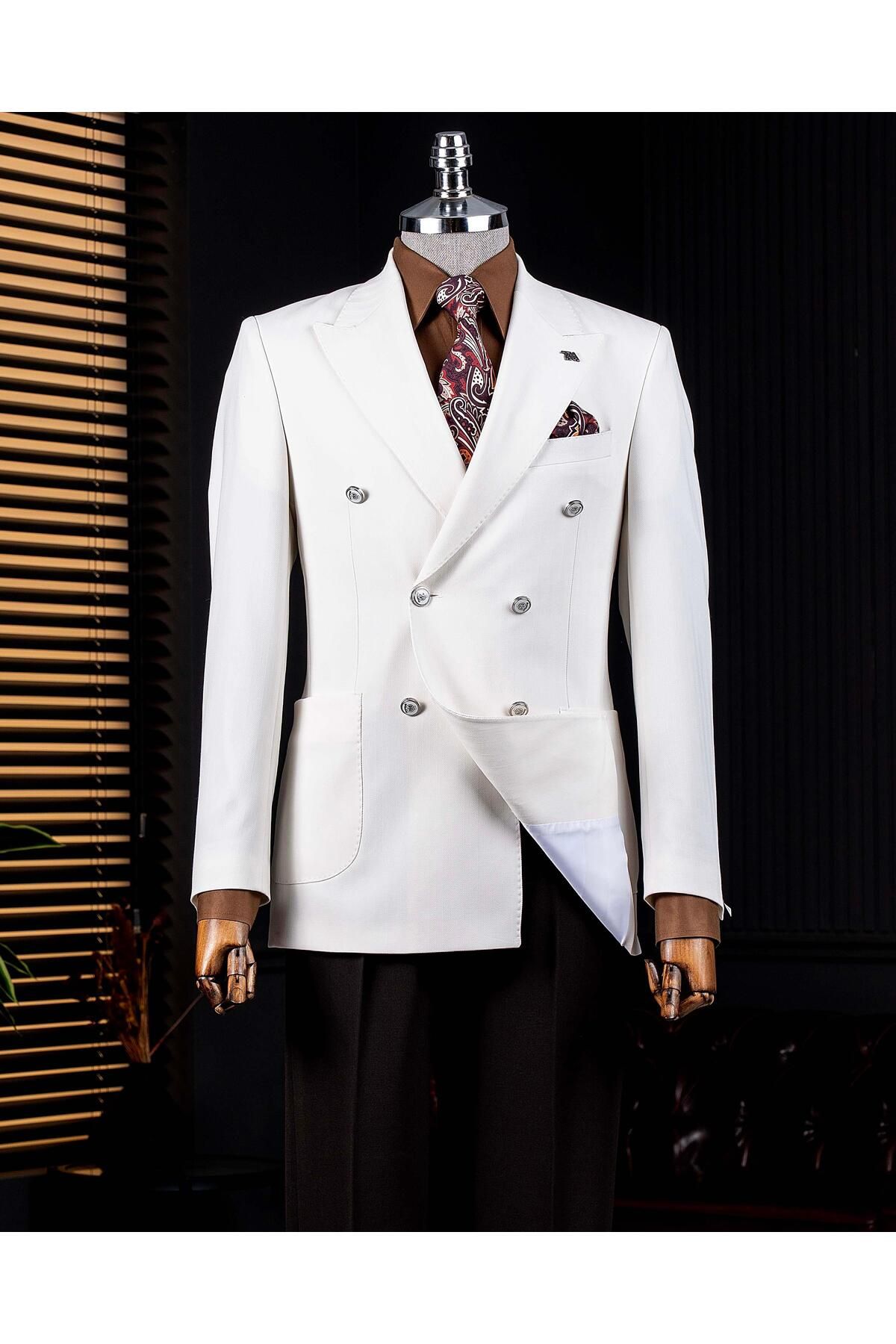 TerziAdemAltun İtalyan stil slim fit balıksırtı desen kruvaze erkek tek ceket ekru T14080