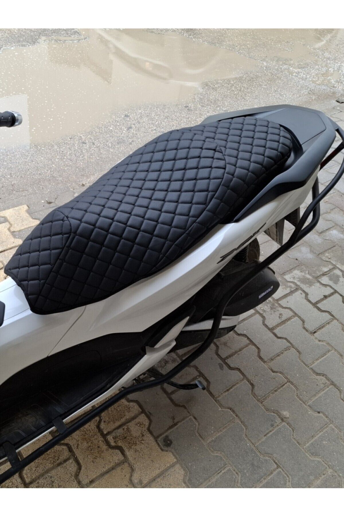 teknotrust Kapitone desenli çift katmanlı ortopedik motosiklet koltuk kılıfı, lüx siyah deri