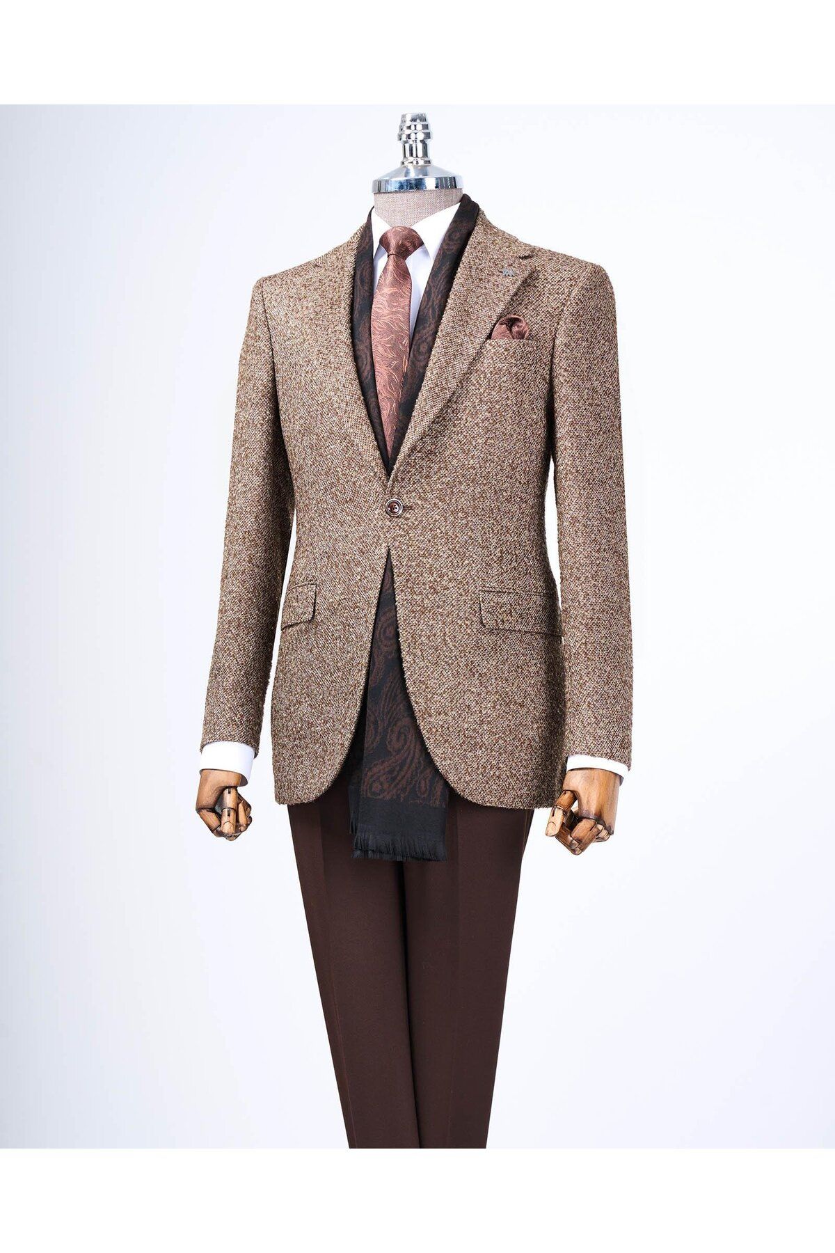 TerziAdemAltun İtalyan stil slim fit mono yaka erkek tek ceket kahverengi T13540