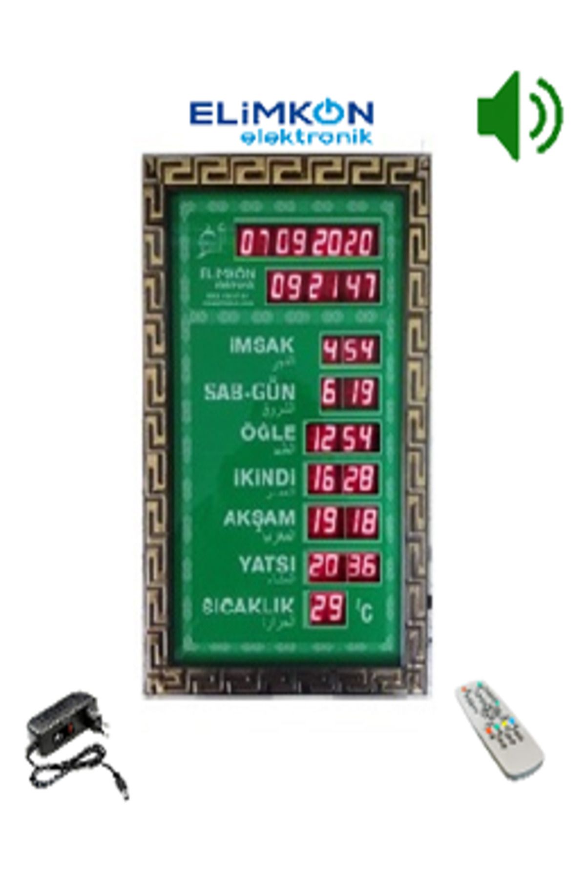 Elimkon VAKİTMATİK DİJİTAL İMSAKİYE EV OFİS TİPİ UV YEŞİL BASKI KUMANDALI EZANLI KIRMIZI DİSPLAY
