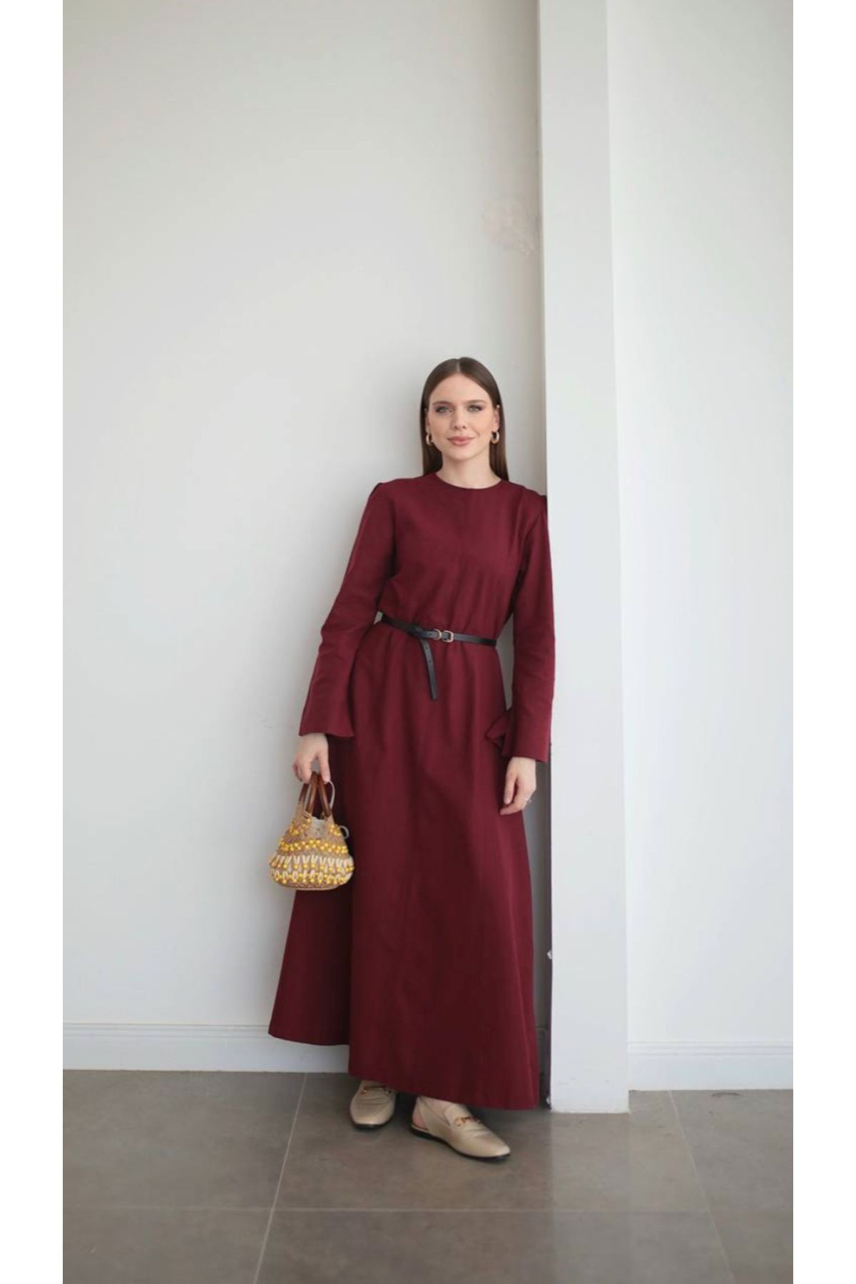nizzell KEMER DETAYLI BEL OTURTMALI PİNTEREST KETEN ELBİSE