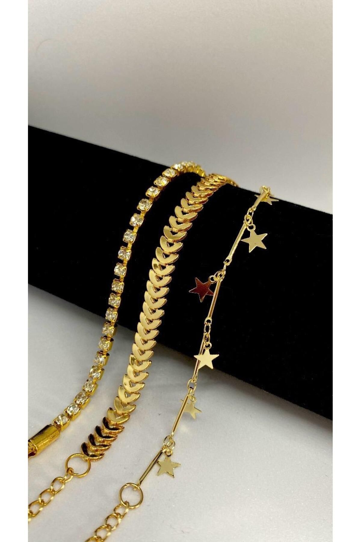 Axuu Collection 3 Parçalı Kadın Bileklik Kombini Yıldızlı Bileklik Gold Su Yolu Bileklik Balıksırtı Bileklik