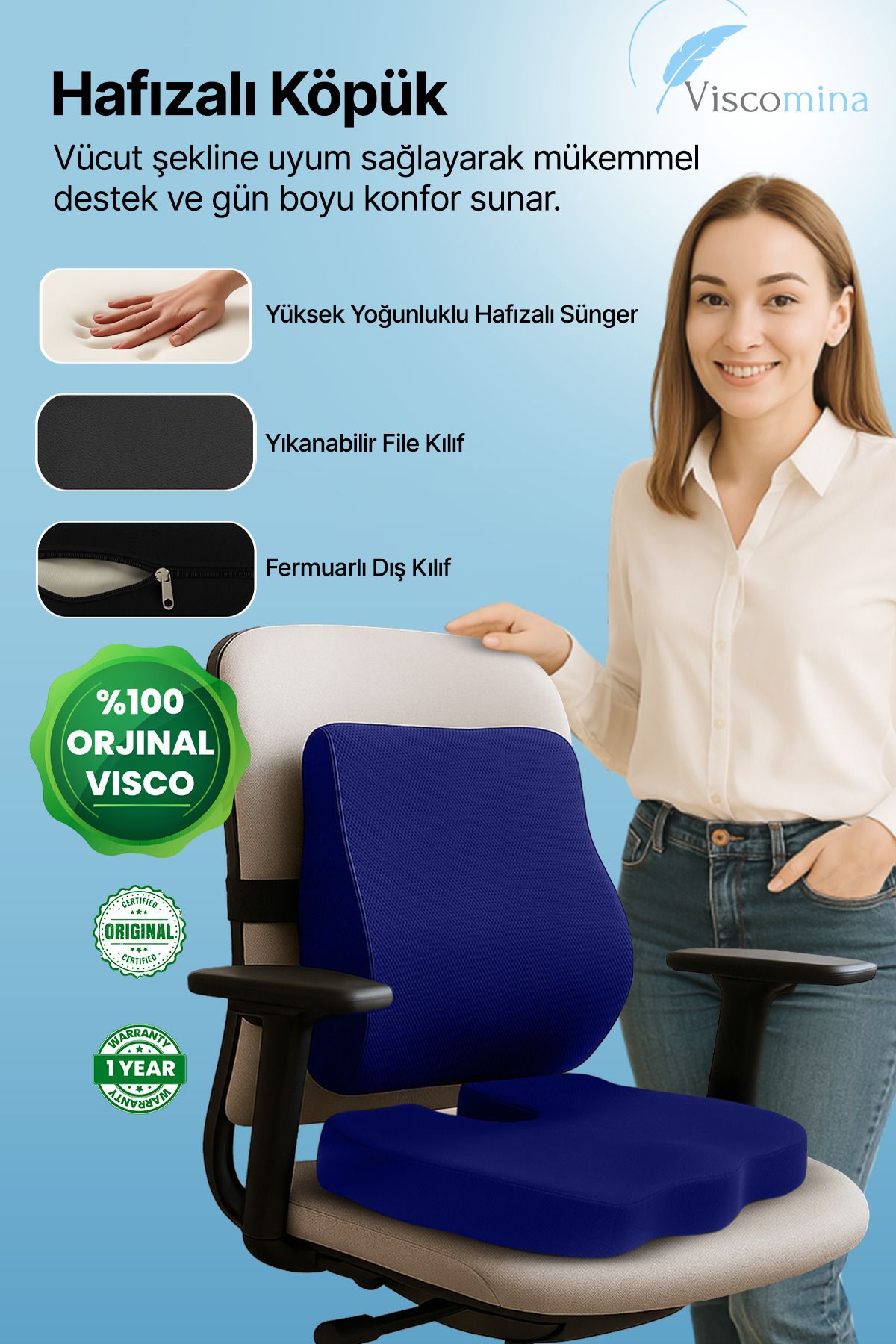 teknotrust İki’li Visco Bel ve Oturma Yastığı Seti, Ofis ve Araç İçin Ergonomik Destek