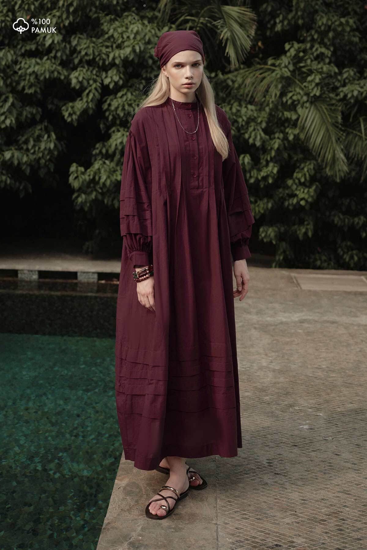 Hooopstore Nervür Vual Uzun Bordo Elbise