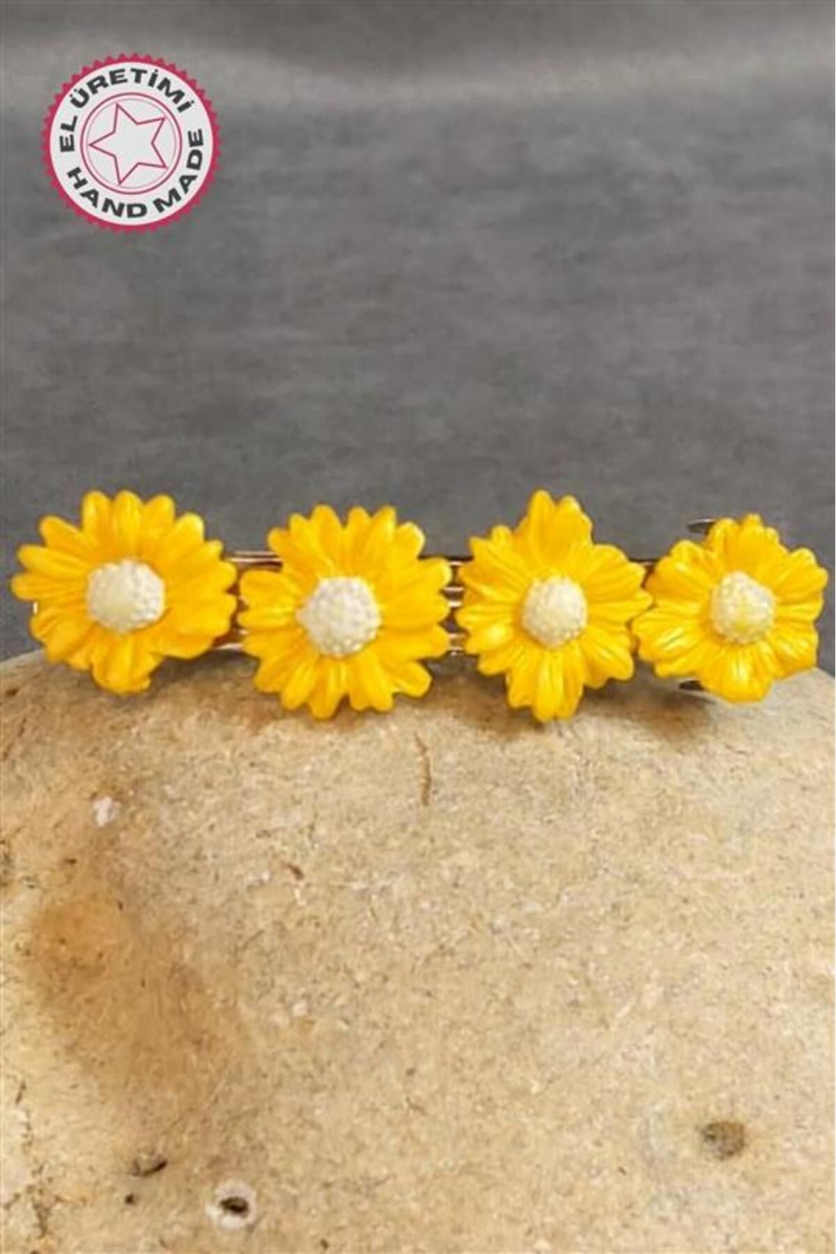 Uretti - Hülya 6683 7338 El Yapımı Polimer Kil Sarı Papatya Çiçeği Tasarımlı Saç Tokası / 8 Cm