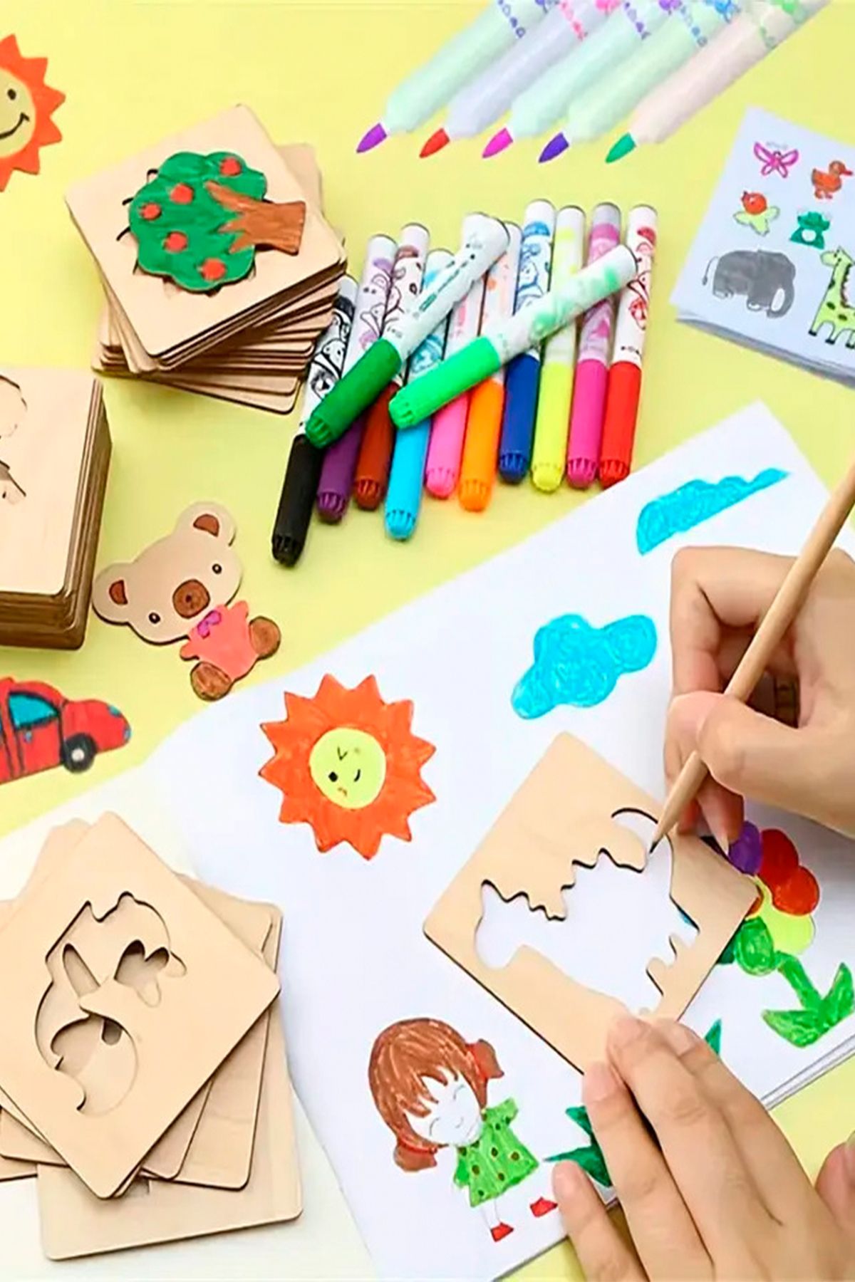 GONCA EĞİTİM Montessori Çocuk Çizim Boyama Şablon Setleri, 15 Parça, Ahşap Eğitici Şablonlar