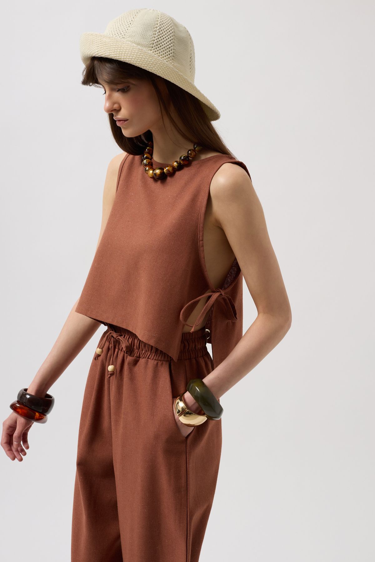 accioglam Yandan Bağlamalı Crop Bluz - Kahverengi
