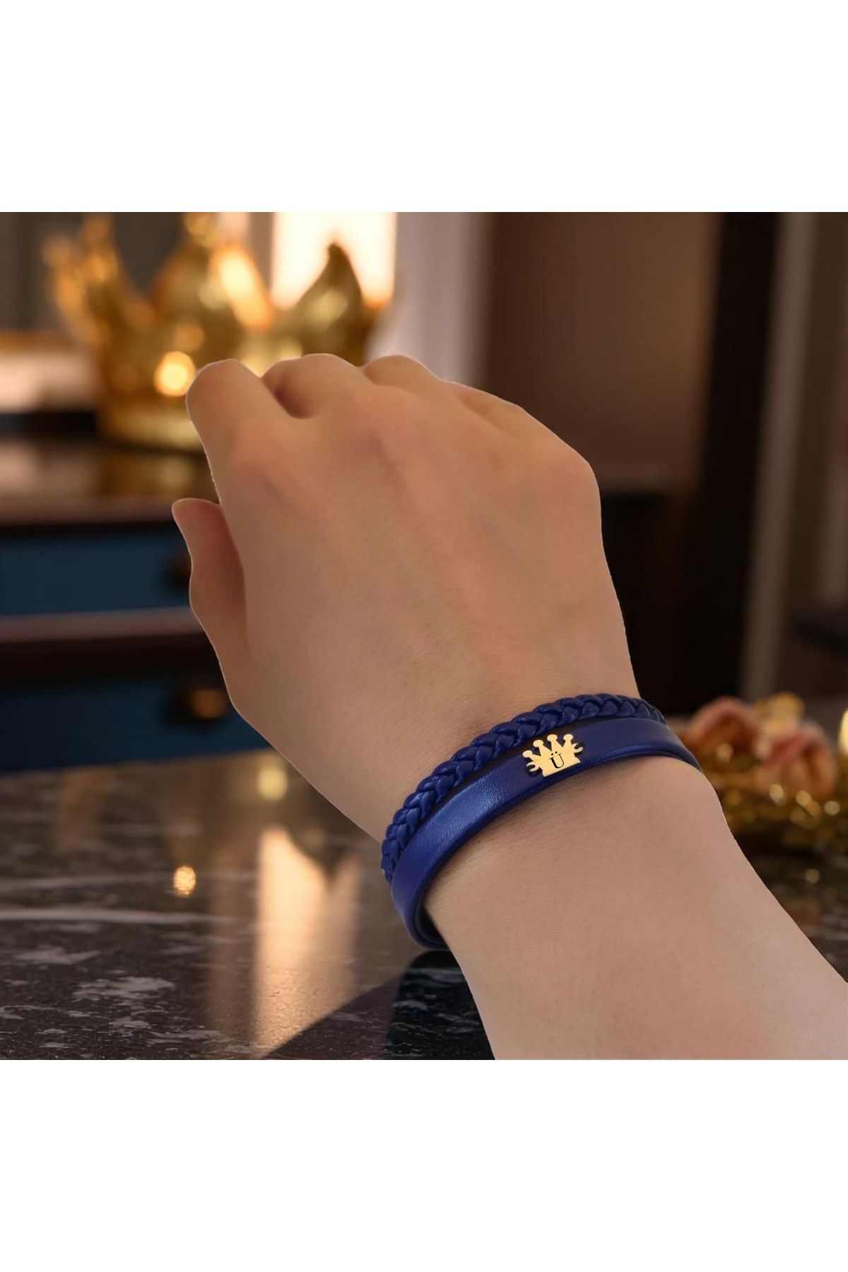 ARCHINO GOLD Ü Harfine Özel Taç Motifli 14 Ayar Altın Plakalı Doğal Lacivert Derili Hediye Bileklik-517harf