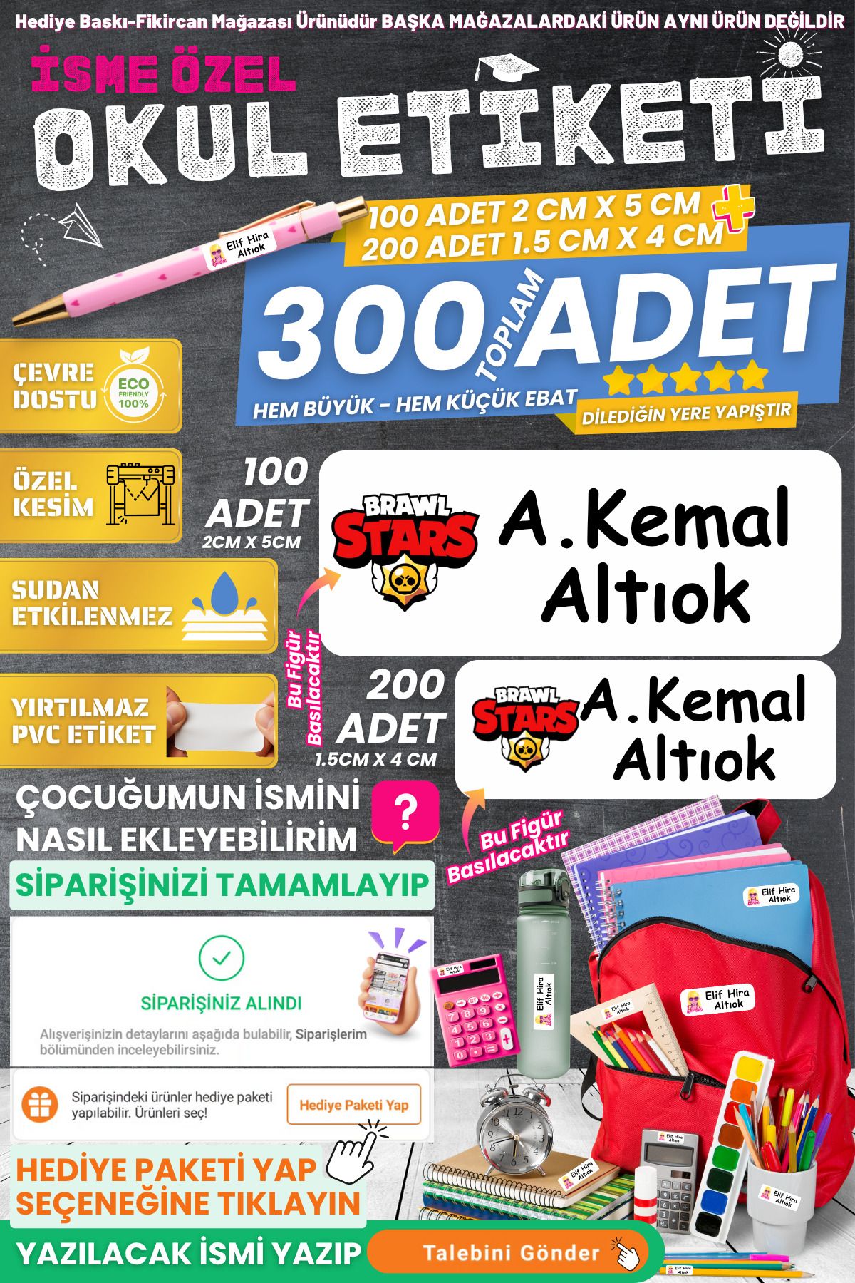 FİKİRCAN Fikircan-İsme Özel Okul Etiket Seti - BRAWL LOGO 300 Adet - Kokusuz Ekolojik Mürekkep PVC ETİKET