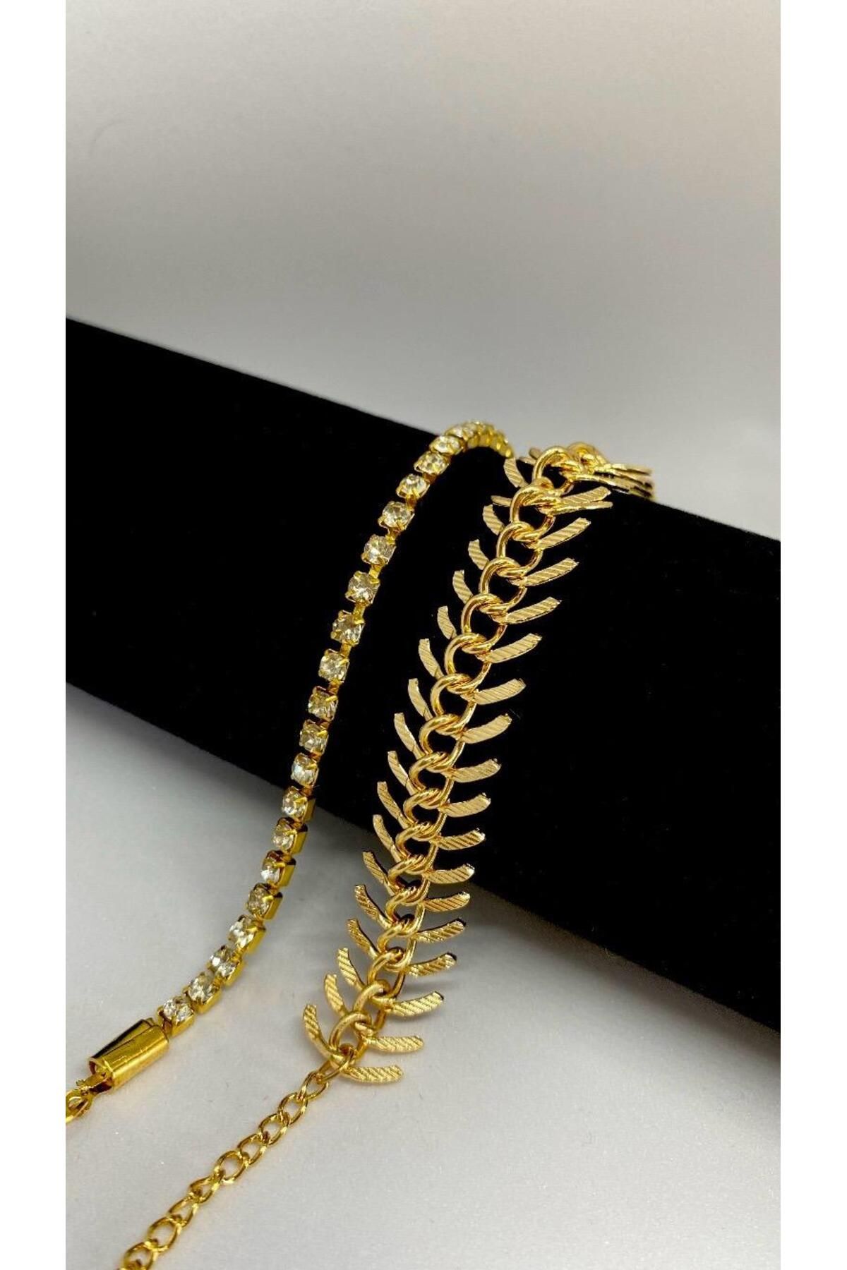 Axuu Collection 2 Parçalı Gold Renk Kadın Bileklik Seti Kadın Bileklik Kombini Su Yolu Bileklik Kılçık Bileklik