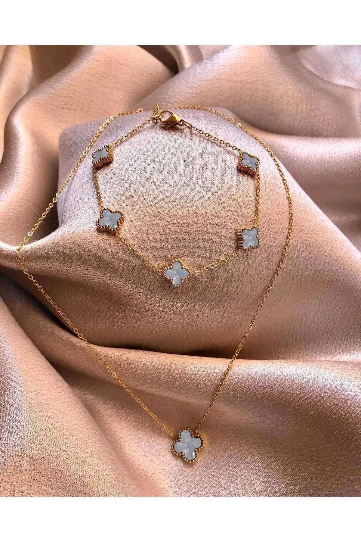 candlght Altın Rengi Zincir Beyaz Van Cleef Kolye Bileklik Set