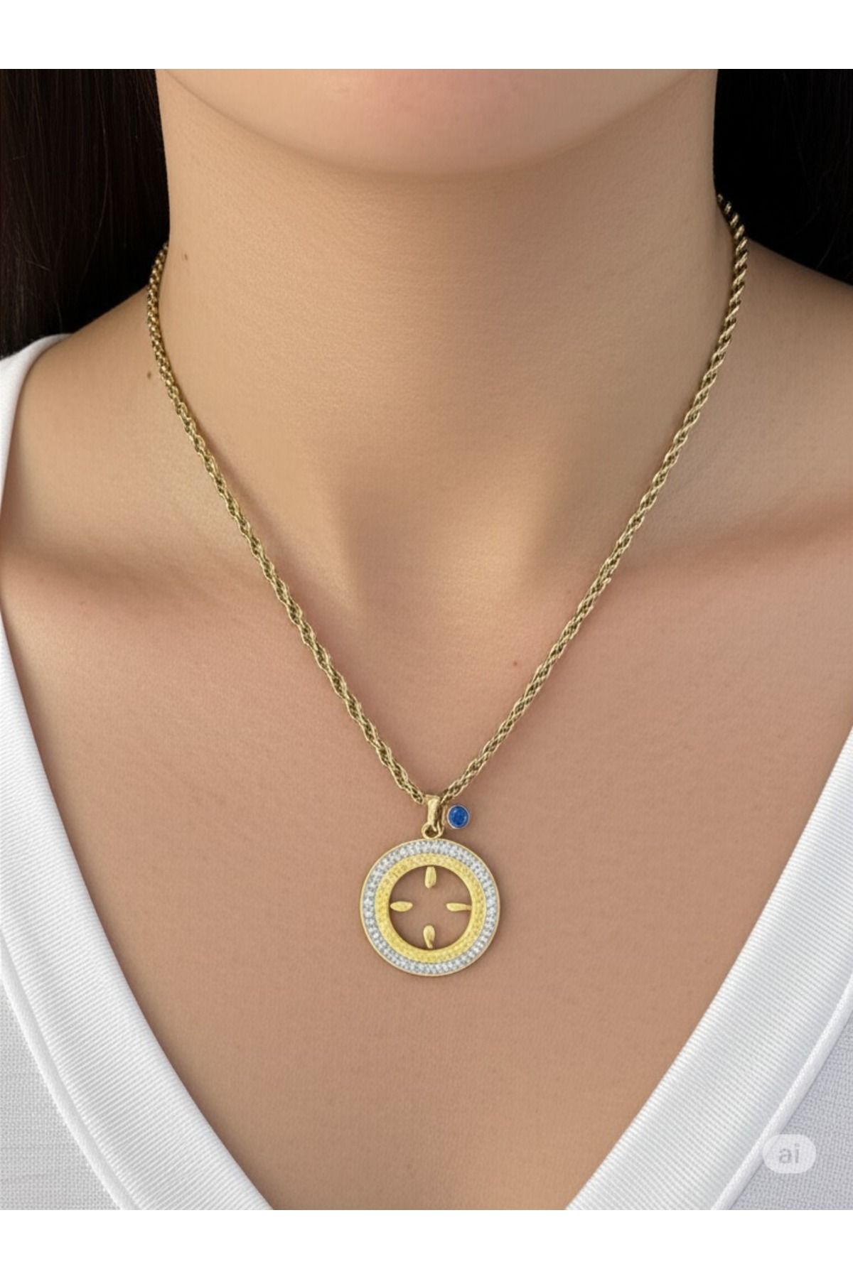 FAMEMUS ACCESSORY Kadın Çelik gold Renk Nazar Boncuklu Yuvarlak Model Kolye