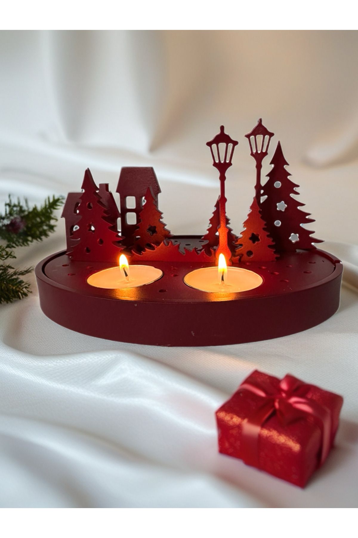 Elithestudio bordo kış masalı tealight mumluk-2'li tealihgt mum dahil
