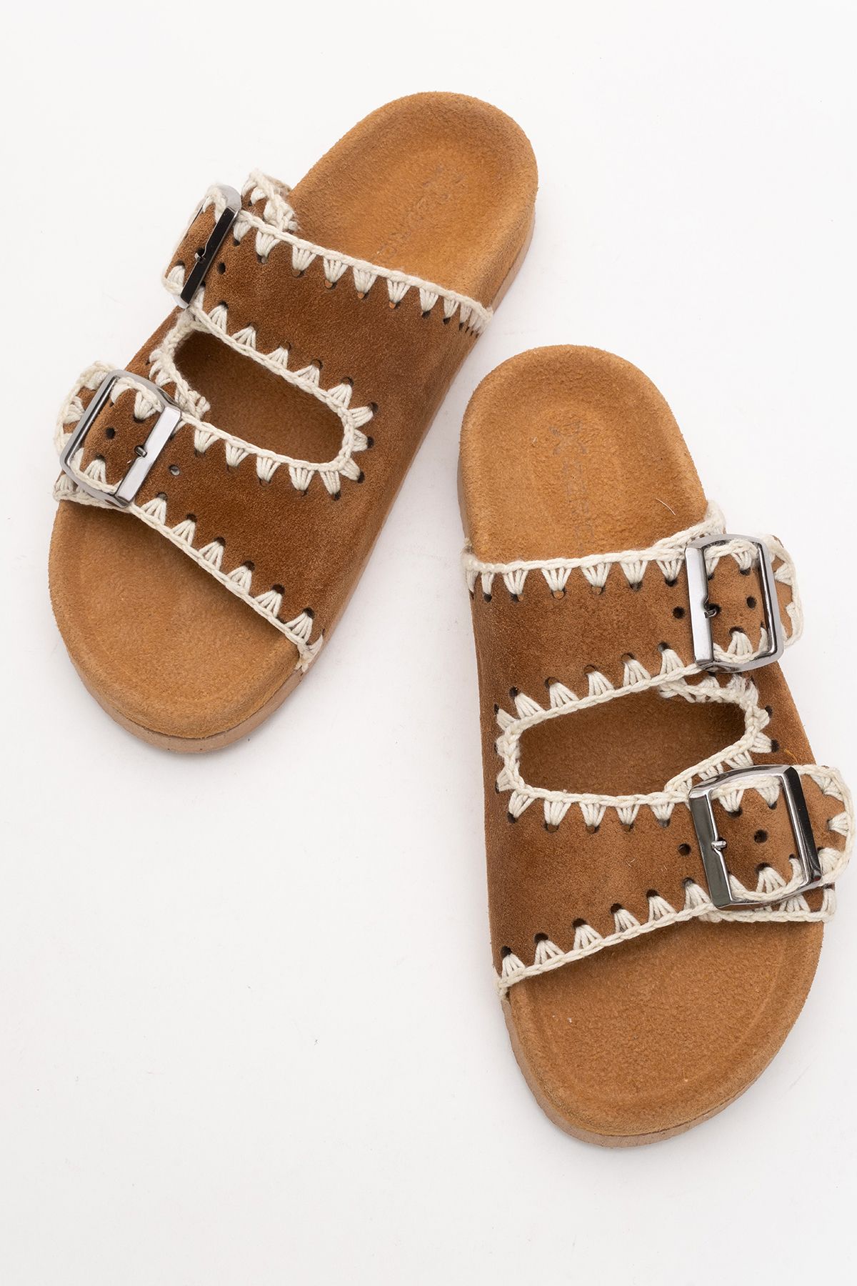 Dericlub-Dericlub Women's Drawstring Double Strap Casual Slippers Real Suede Leather Zy 7900 Taba 5