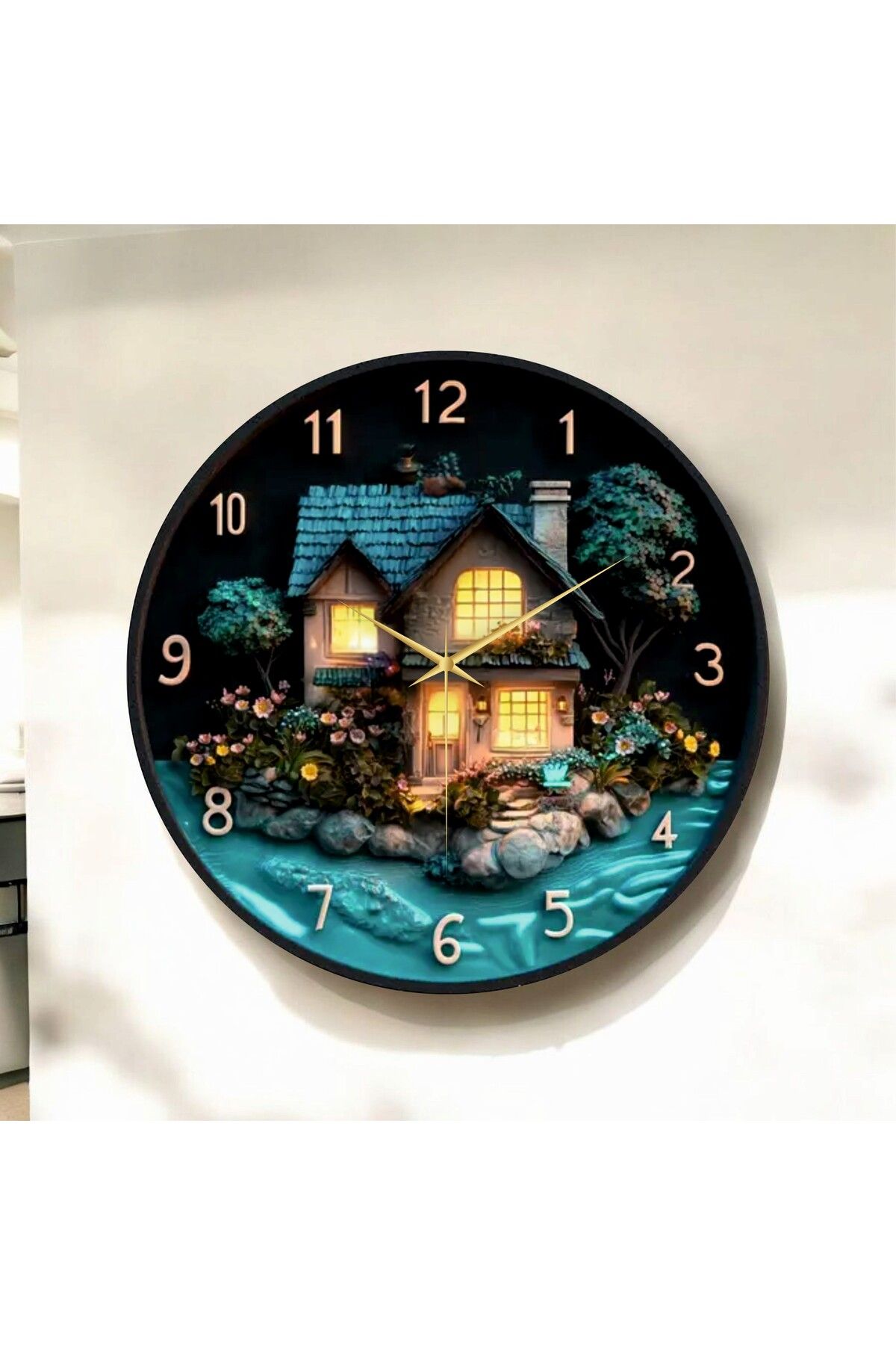 AA Shop Renkli Baskı Desenli Sayılı Hediyelik Ahşap Sessiz Duvar Saati 50cm
