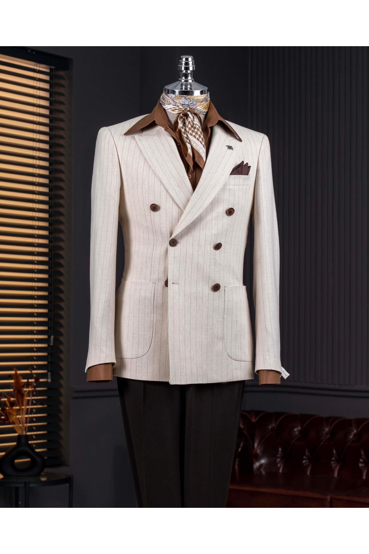 TerziAdemAltun İtalyan stil slim fit kruvaze erkek tek ceket bej T14282