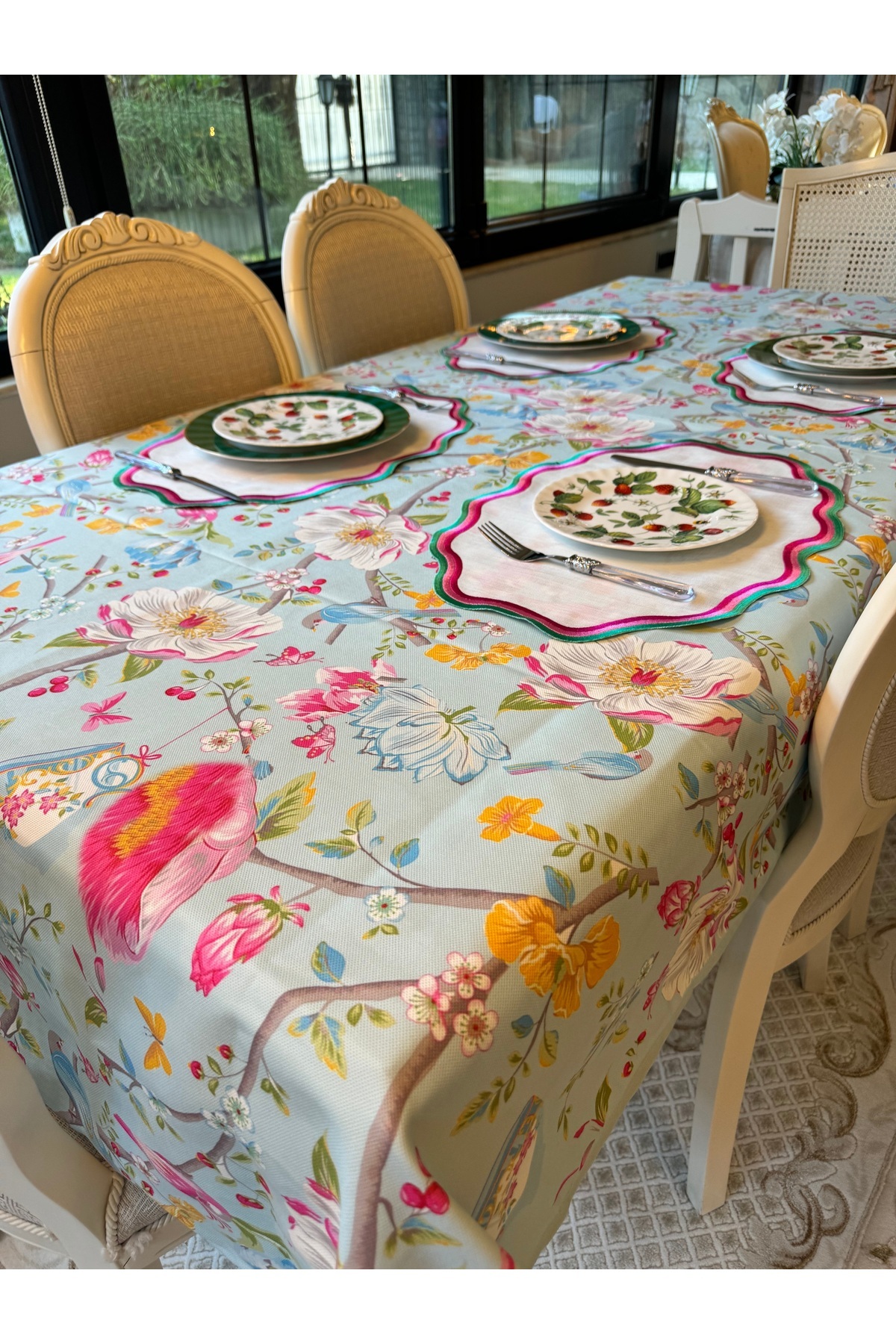 Merve Kaymakcı Flower Pattern Blue Table Cover