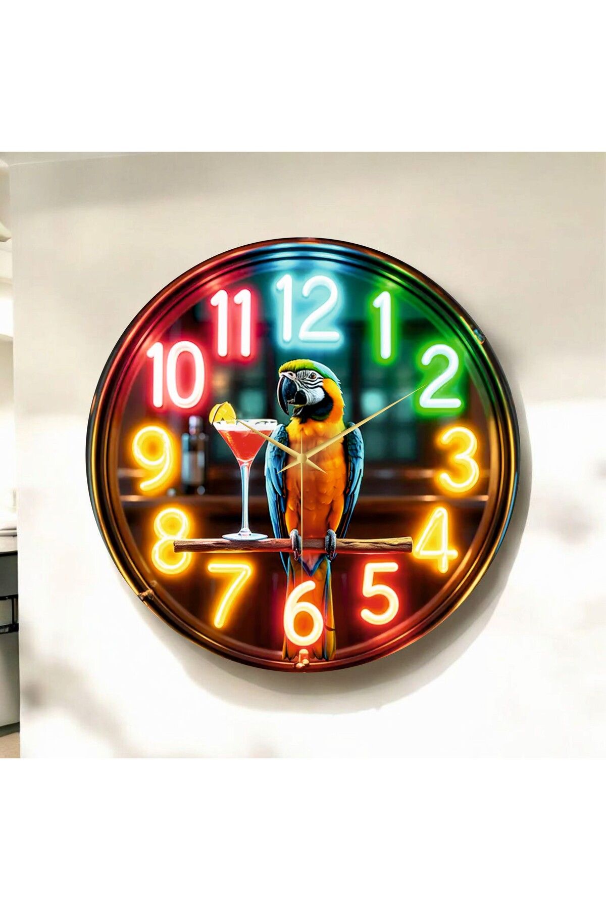 AA Shop Renkli Baskı Papağan Bar Desenli Sayılı Hediyelik Ahşap Sessiz Duvar Saati 50cm