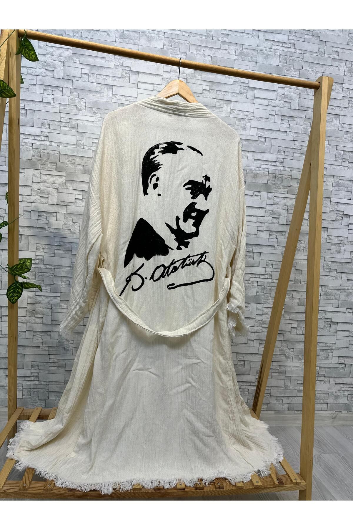 Befera Design Müslin Kimono %100 Pamuklu Atatürk Baskılı Bornoz Kaftan Sabahlık