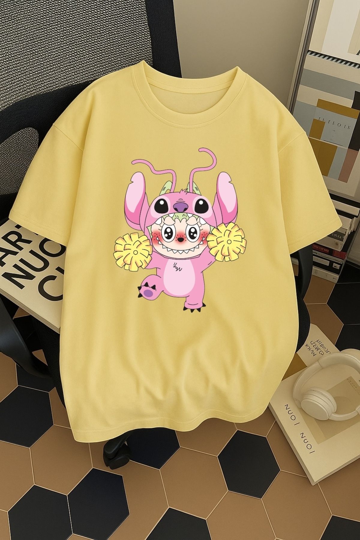 SOHR Unisex Erkek/Kadın Angel Labubu Renkli Baskılı Oversize Pamuklu T-Shirt