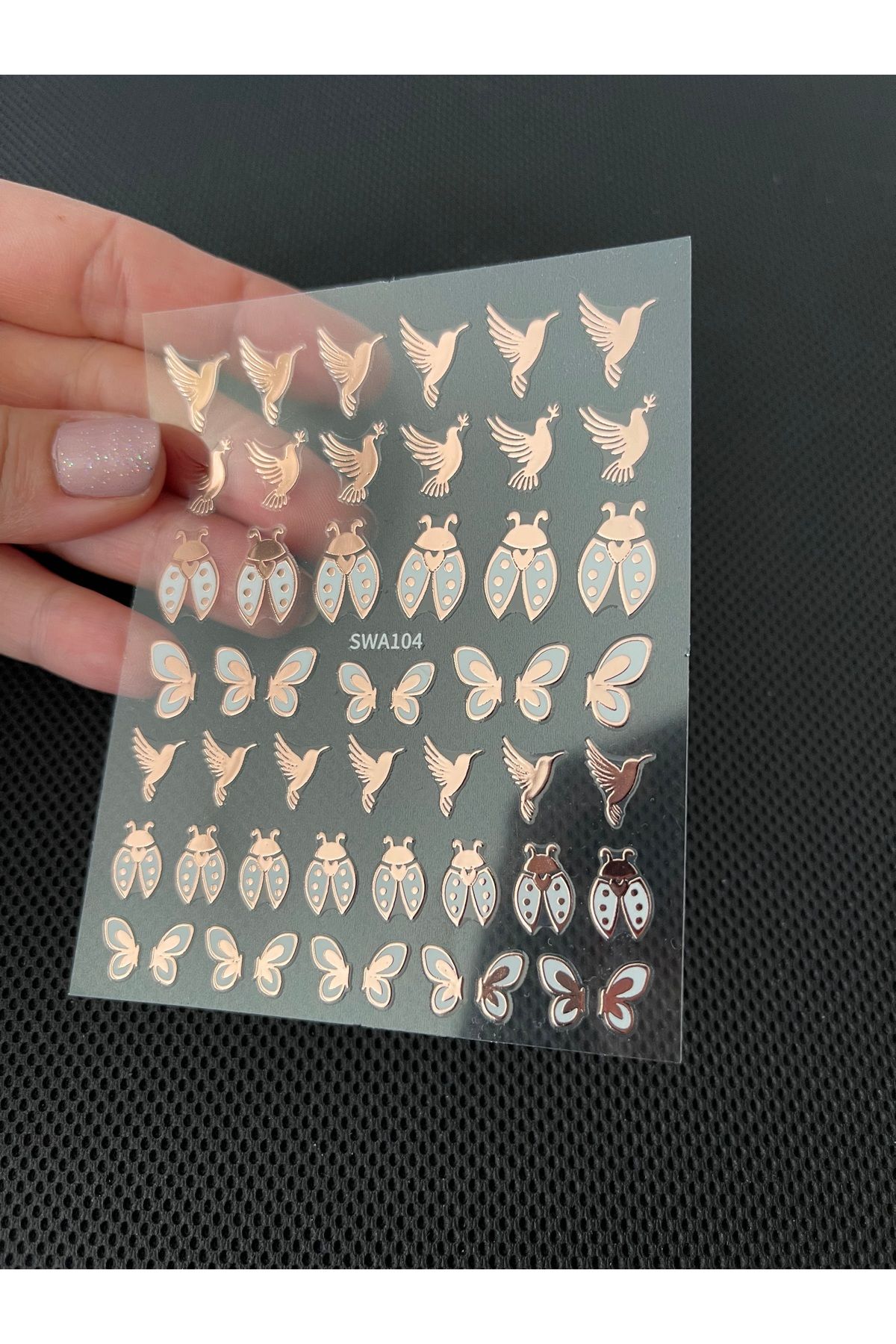 zeinapp Kendinden Yapışkanlı Rose Varaklı Kuş Kelebek Uğur Böceği Figürlü Simli Tırnak Sticker Nail Sticker