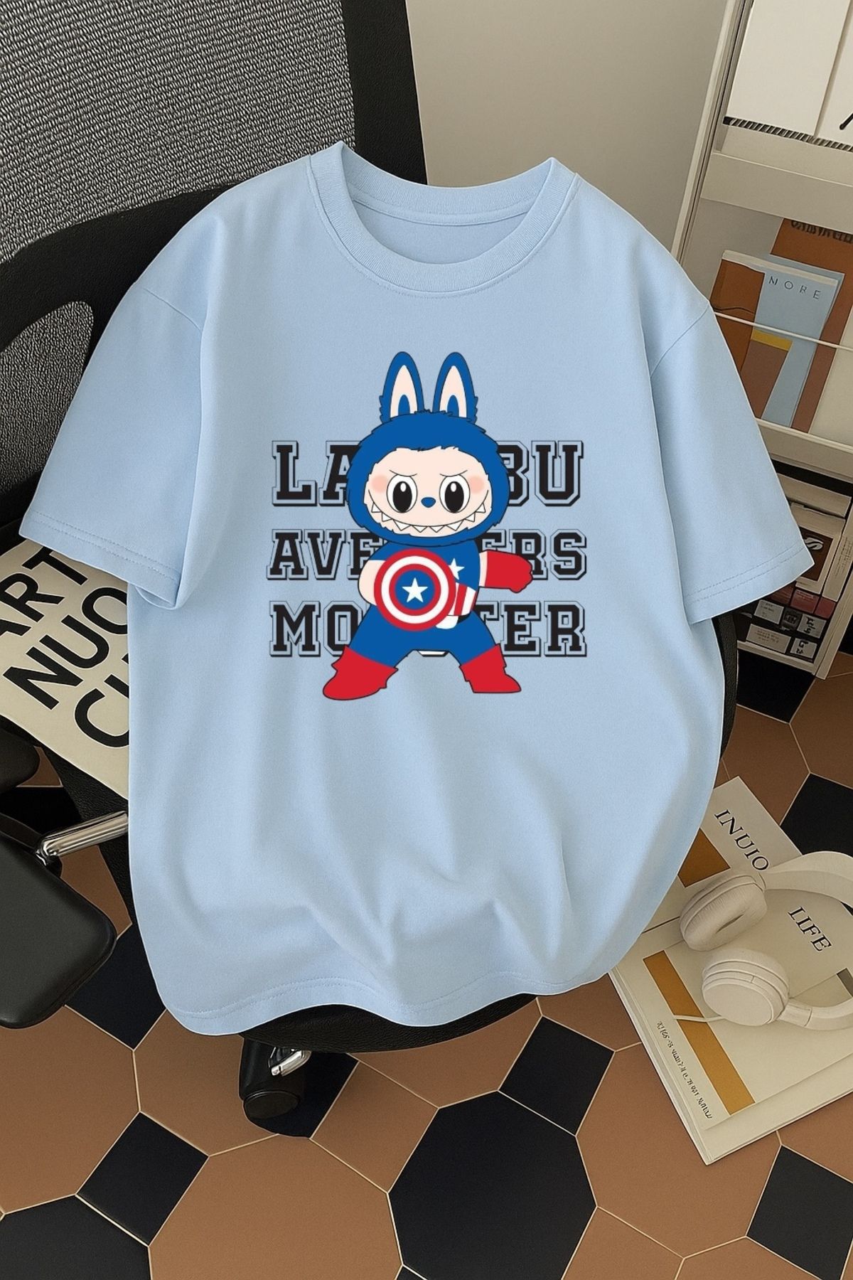 SOHR Unisex Erkek/Kadın Kaptan Amerika Labubu Renkli Baskılı Oversize Pamuklu T-Shirt