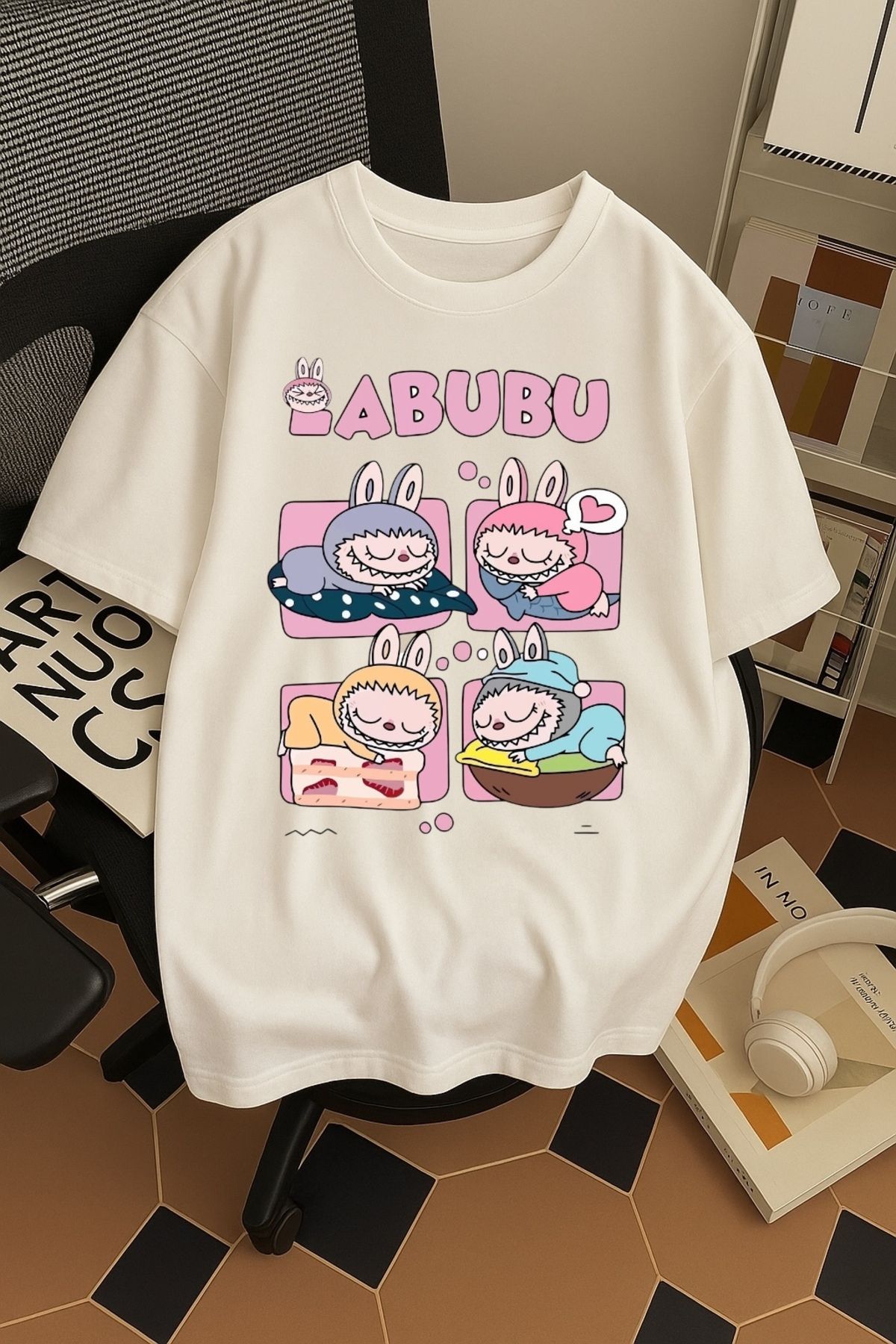 SOHR Unisex Erkek/Kadın Labubu Dörtlü Renkli Baskılı Oversize Pamuklu T-Shirt
