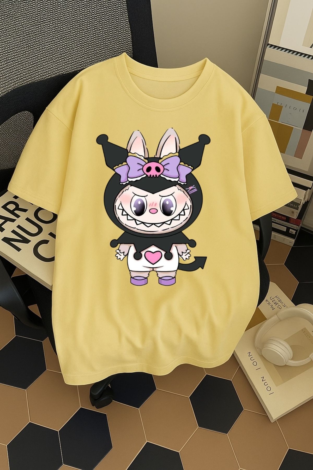 SOHR Unisex Erkek/Kadın Kuromi Labubu Renkli Baskılı Oversize Pamuklu T-Shirt