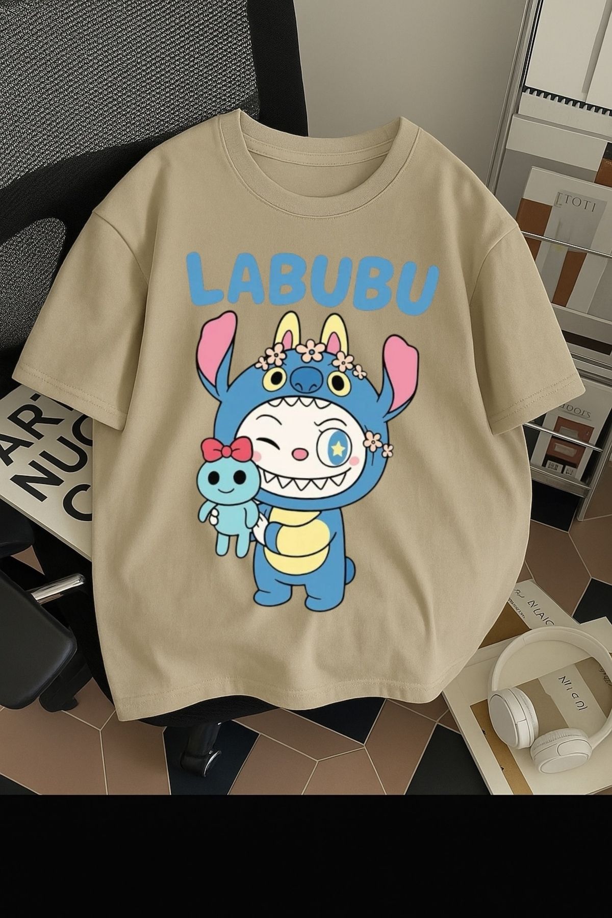SOHR Unisex Erkek/Kadın Labubu Stitch Renkli Baskılı Oversize Pamuklu T-Shirt