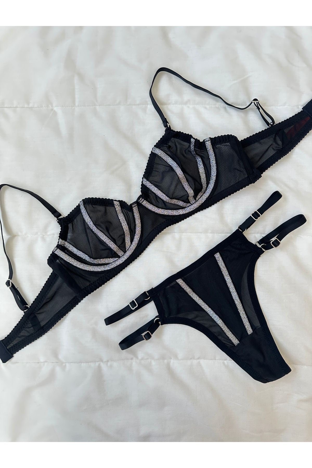 Feruzdesign Simli Siyah Lori Bralet Takım