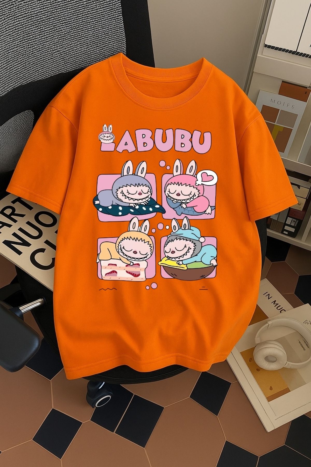 SOHR Unisex Erkek/Kadın Labubu Dörtlü Renkli Baskılı Oversize Pamuklu T-Shirt
