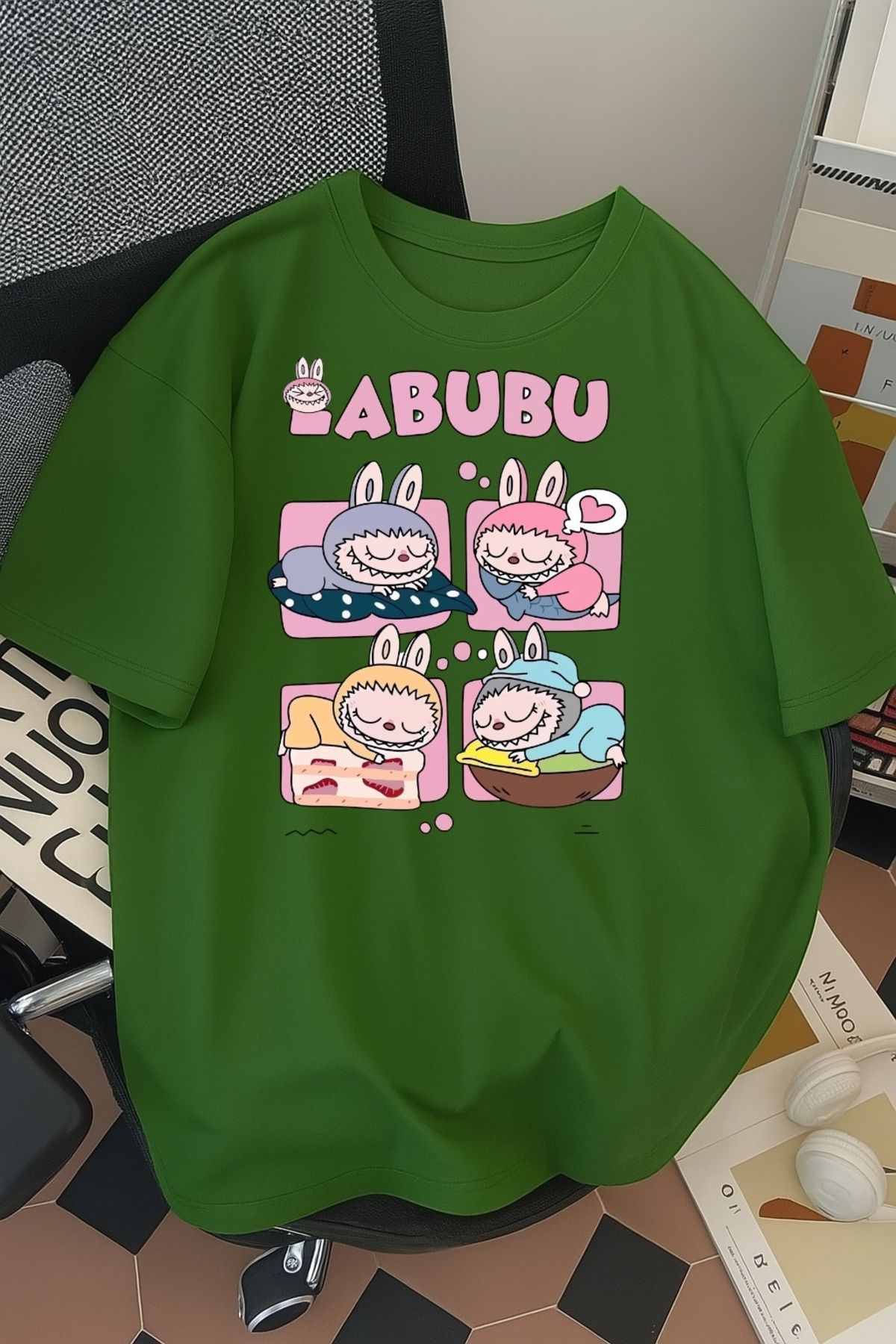 SOHR Unisex Erkek/Kadın Labubu Dörtlü Renkli Baskılı Oversize Pamuklu T-Shirt