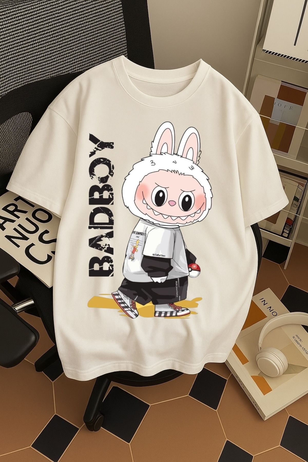 SOHR Unisex Erkek/Kadın Labubu BadBoy Renkli Baskılı Oversize Pamuklu T-Shirt