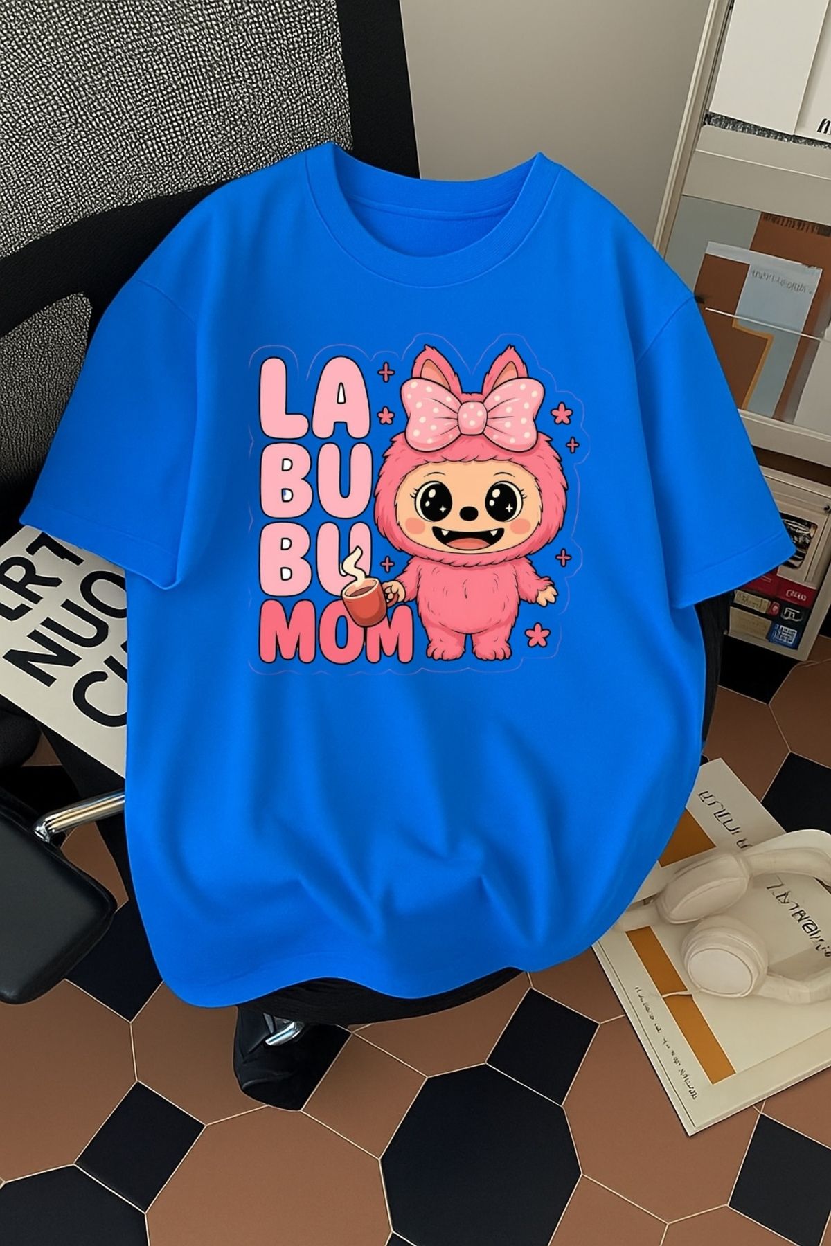 SOHR Unisex Erkek/Kadın Labubu Mom Renkli Baskılı Oversize Pamuklu T-Shirt