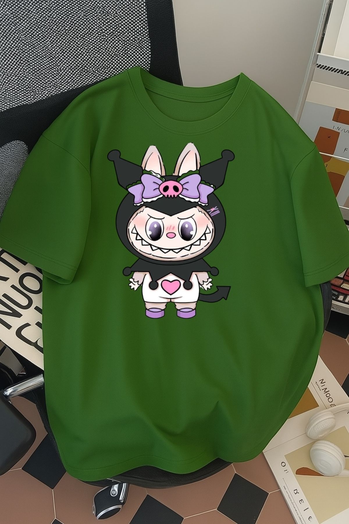 SOHR Unisex Erkek/Kadın Kuromi Labubu Renkli Baskılı Oversize Pamuklu T-Shirt