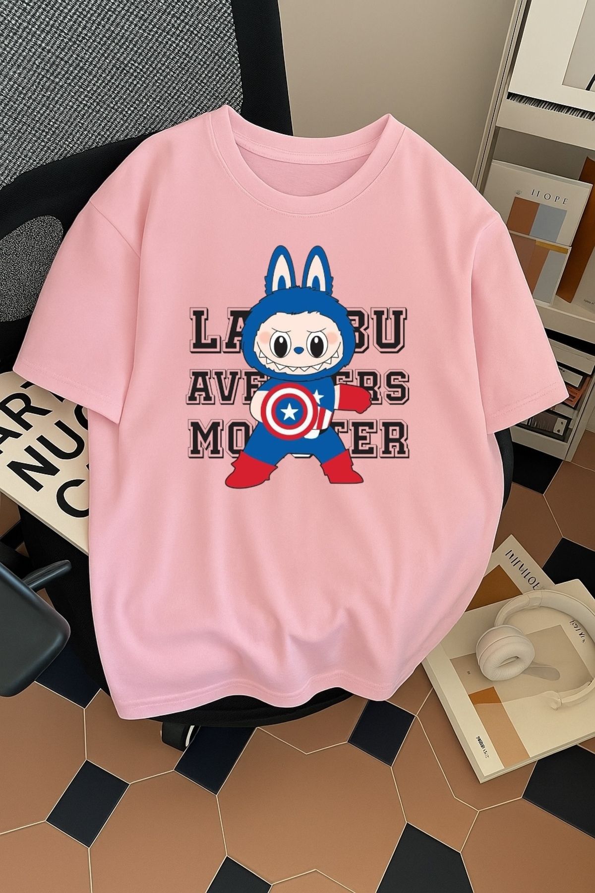 SOHR Unisex Erkek/Kadın Kaptan Amerika Labubu Renkli Baskılı Oversize Pamuklu T-Shirt