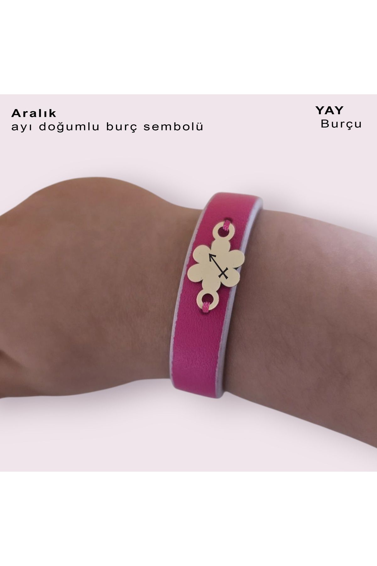 ARCHINO GOLD Aralık Ayı Doğumlarına Doğal Pembe Derili Çiçek Motifli 14 Ayar Altın Plakalı Hediye Bileklik-383ay