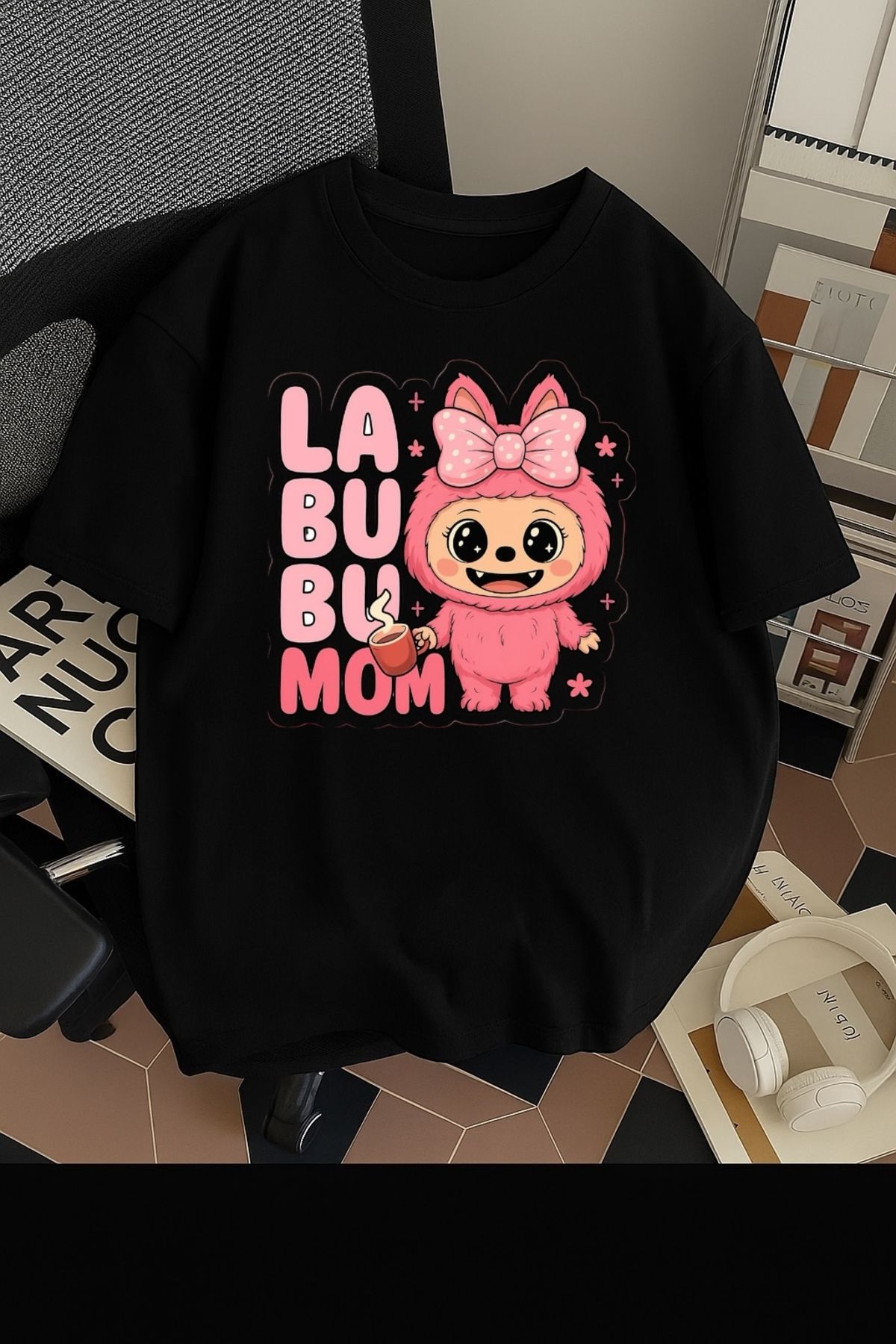 SOHR Unisex Erkek/Kadın Labubu Mom Renkli Baskılı Oversize Pamuklu T-Shirt