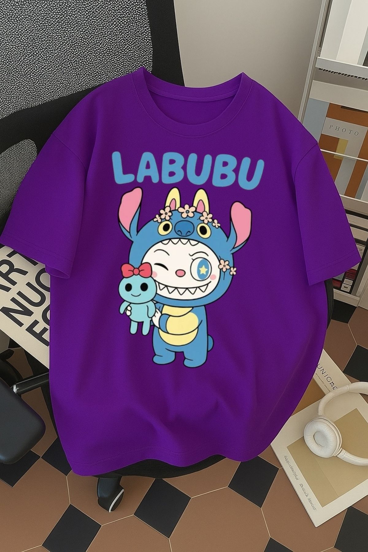 SOHR Unisex Erkek/Kadın Labubu Stitch Renkli Baskılı Oversize Pamuklu T-Shirt