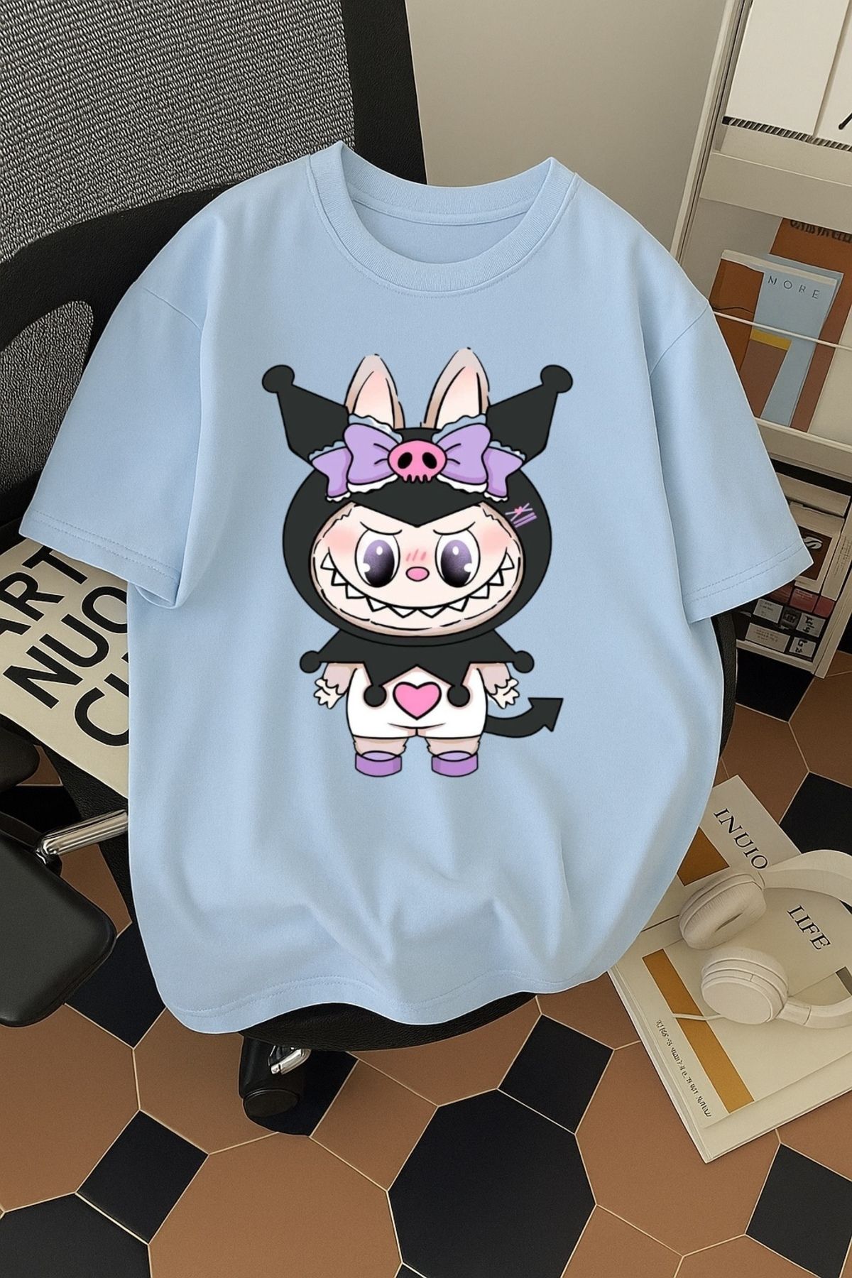 SOHR Unisex Erkek/Kadın Kuromi Labubu Renkli Baskılı Oversize Pamuklu T-Shirt