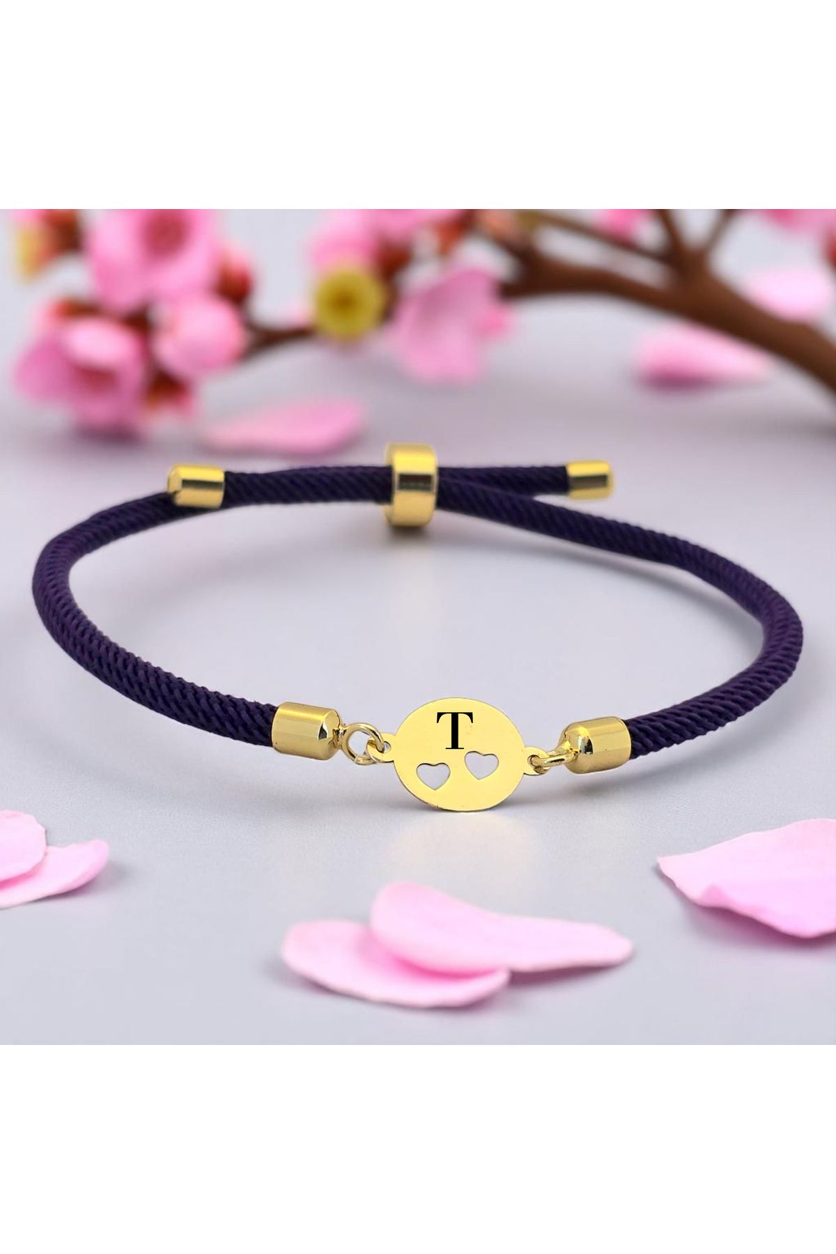 ARCHINO GOLD T Harfine Özel 14 Ayar Altın Plakalı Mor İpek Örgülü Kalpli Oval Motifli Hediye Bileklik-518harf