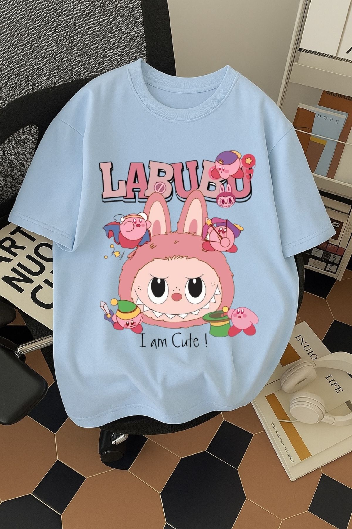 SOHR Unisex Erkek/Kadın Labubu Im Cute Renkli Baskılı Oversize Pamuklu T-Shirt